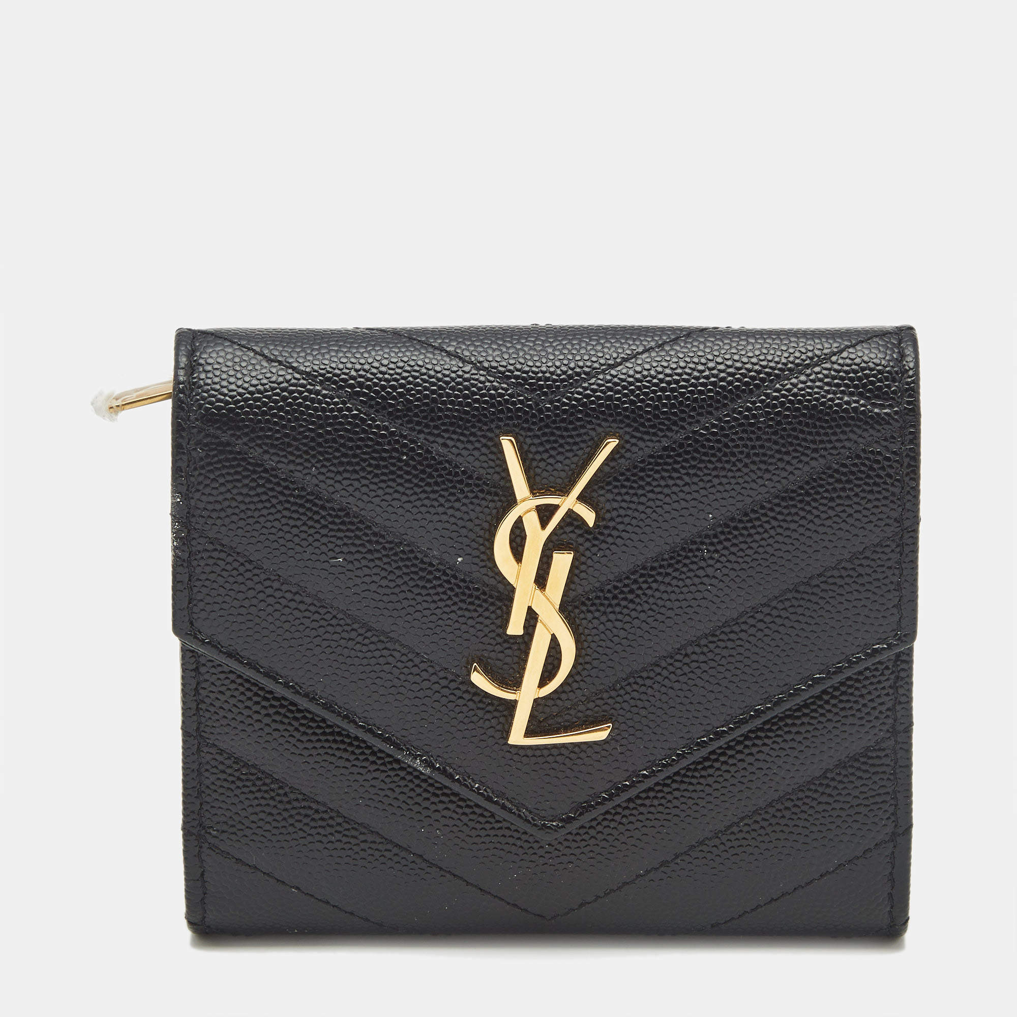 مملوكة مسبقًا محفظة تري فولد سان لوران باريس كاساندرا جلد مبطن سوداء