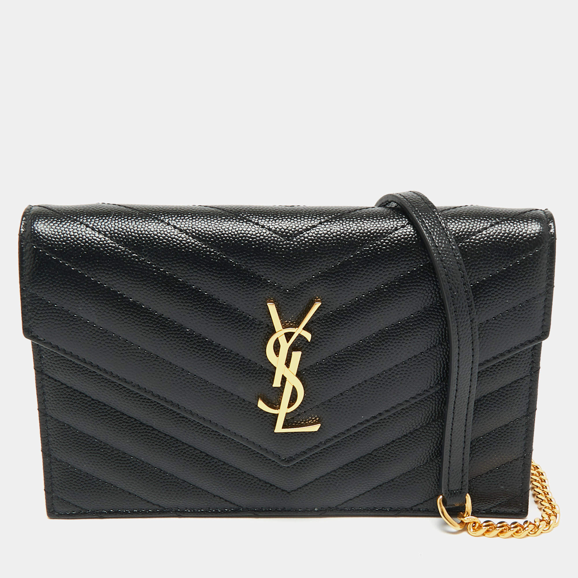 Pre Owned Saint Laurent Black Matelassé Leather Cassandre Envelope Wallet on Chain