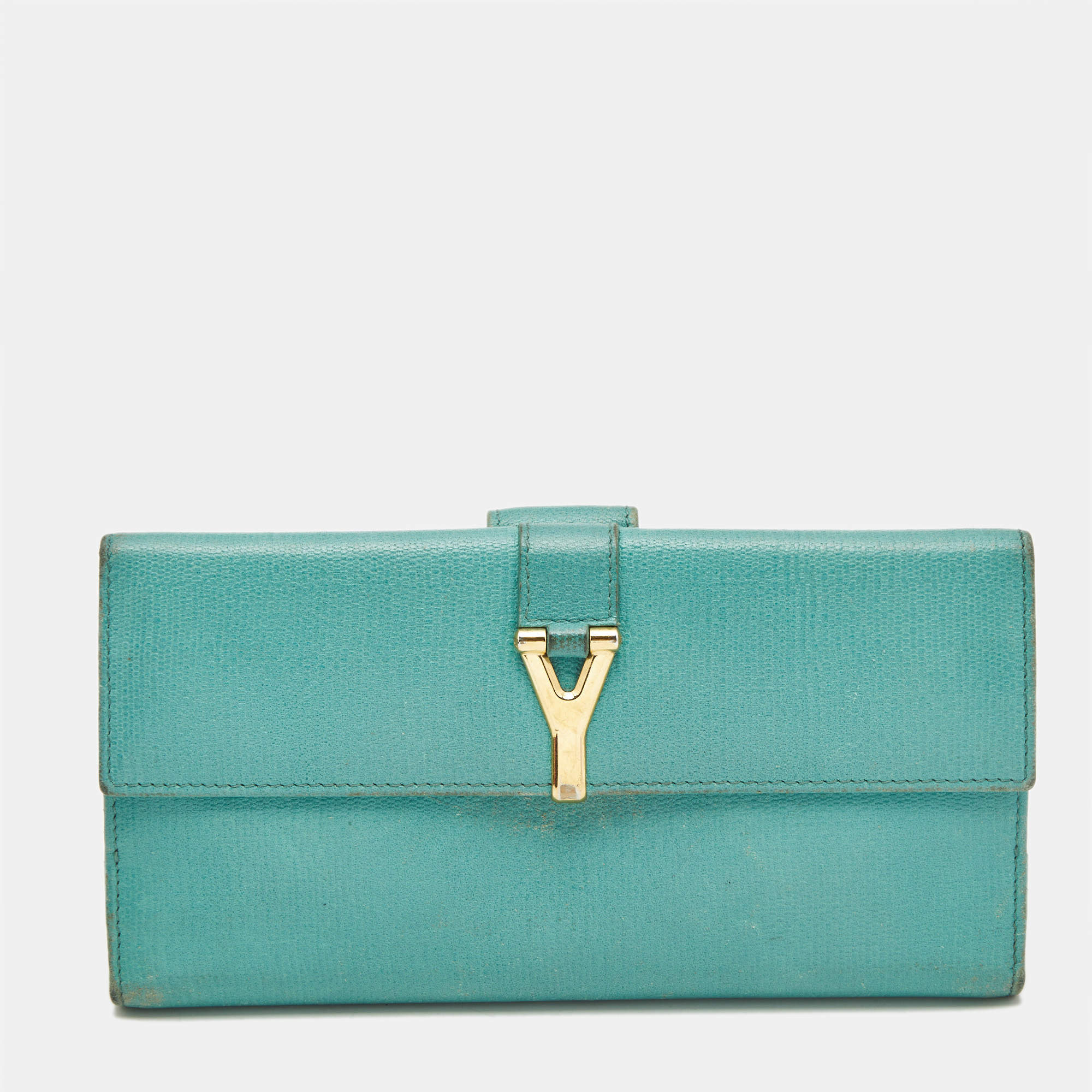 Pre Owned Saint Laurent Green Leather Y-Ligne Flap Wallet