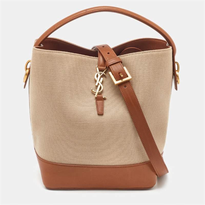 Pre Owned Saint Laurent Beige/Brown Canvas and Leather Le 37 Bucket Bag