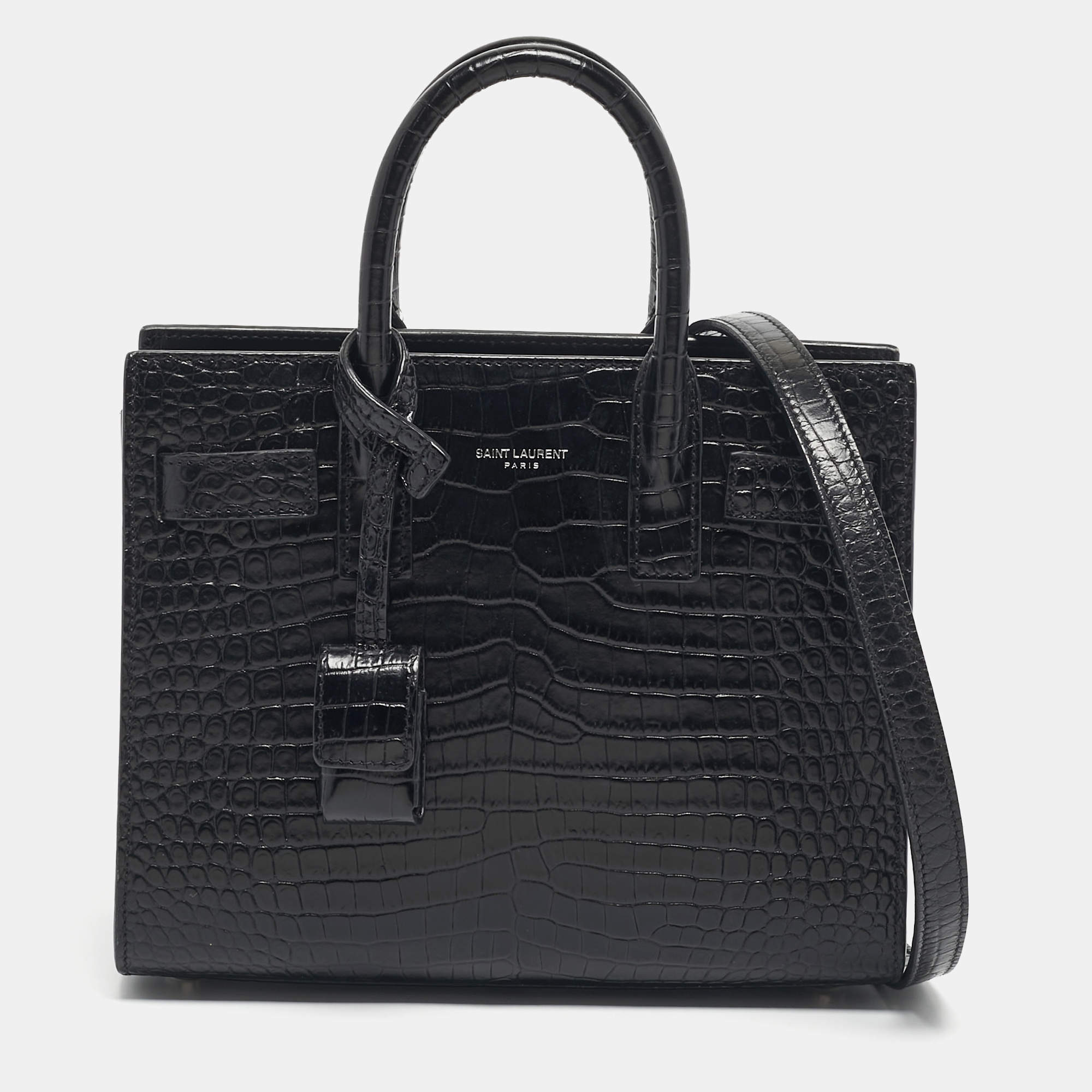 Pre Owned Saint Laurent Black Croc Embossed Leather Nano Classic Sac De Jour Tote