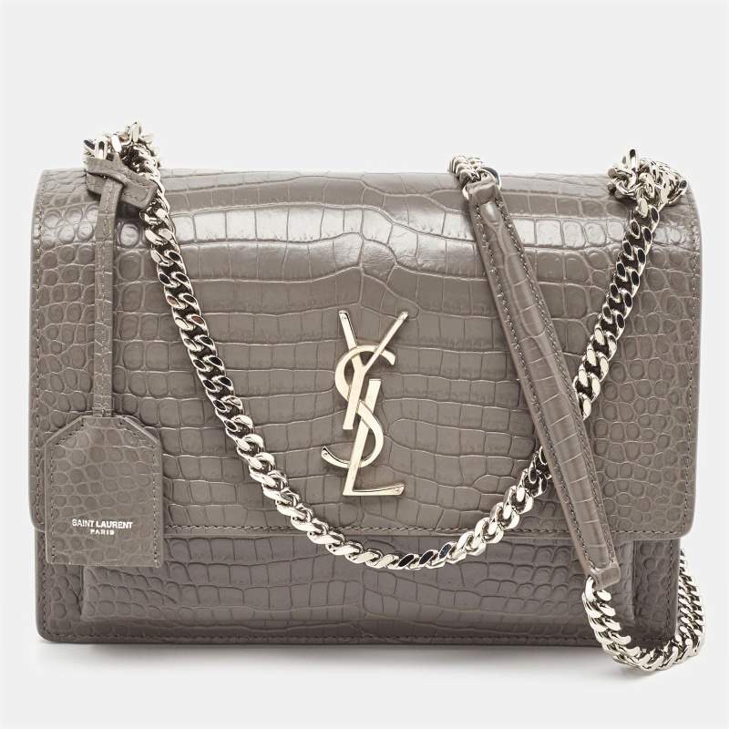 Pre Owned Saint Laurent Grey Croc Embossed Leather Medium Sunset Shoulder Bag