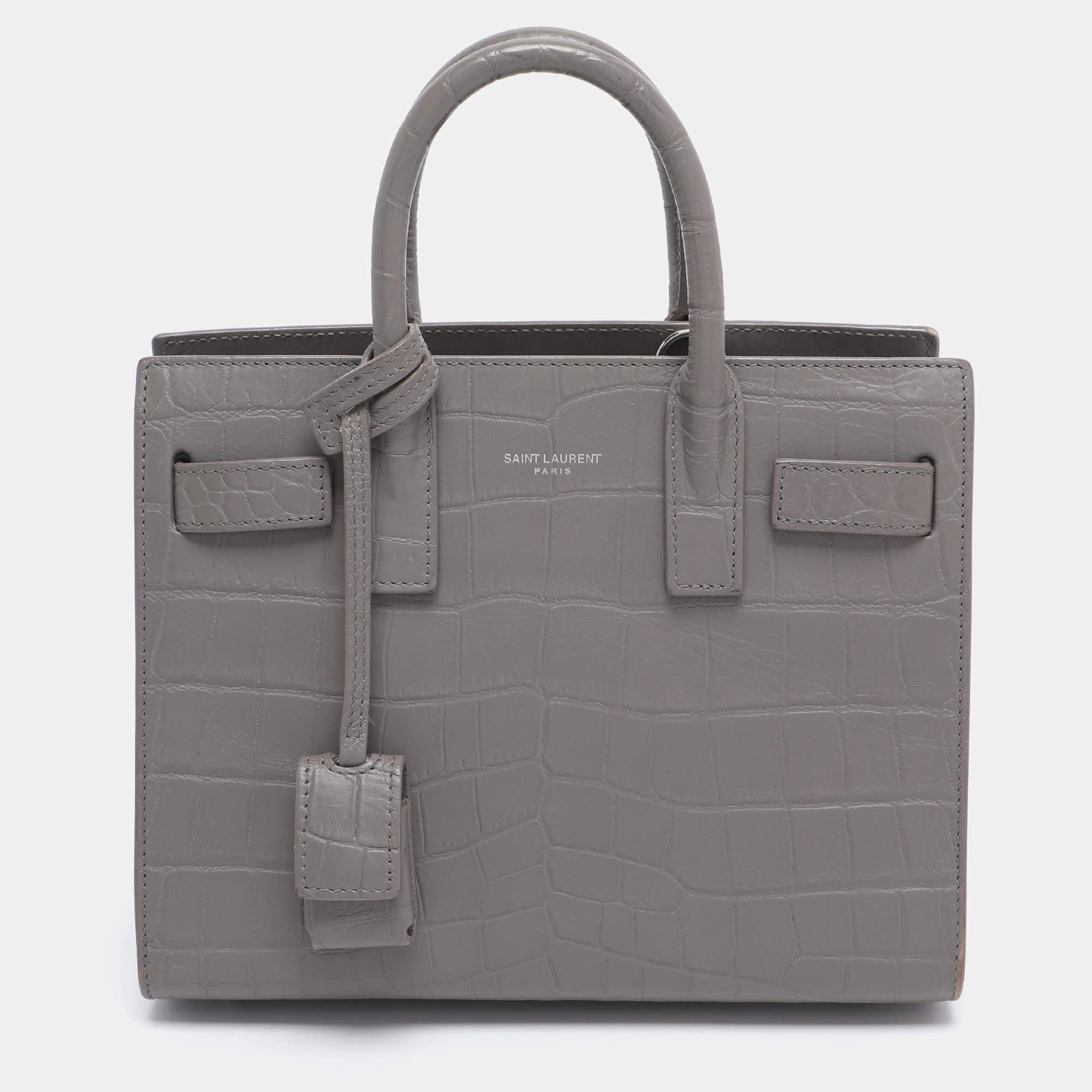 Pre Owned Saint Laurent Grey Croc Embossed Leather Nano Classic Sac De Jour Tote