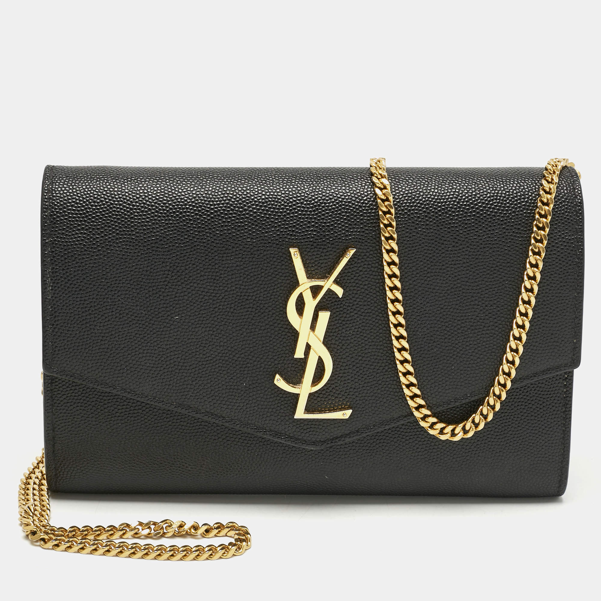 Pre Owned Saint Laurent Black Leather Uptown Wallet On Chain