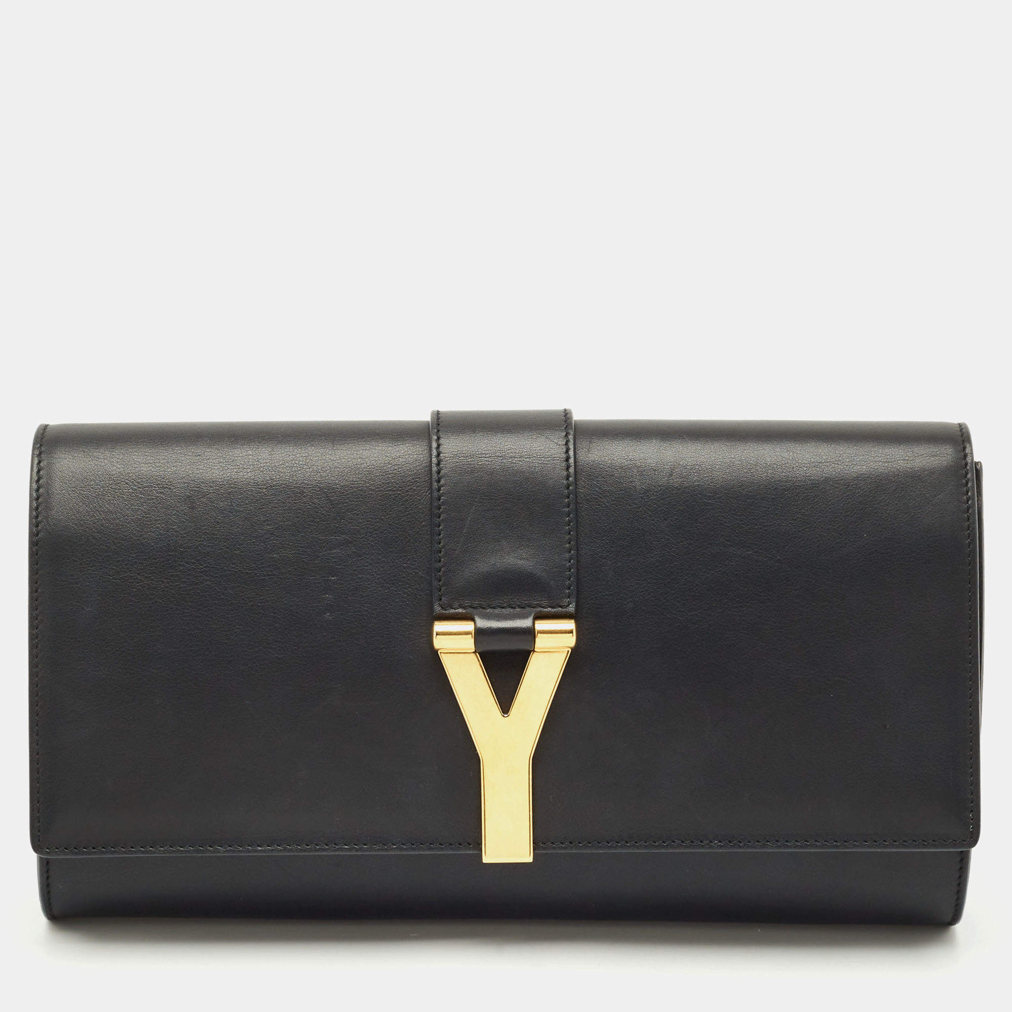 Pre Owned Saint Laurent Black Leather Y Ligne Clutch
