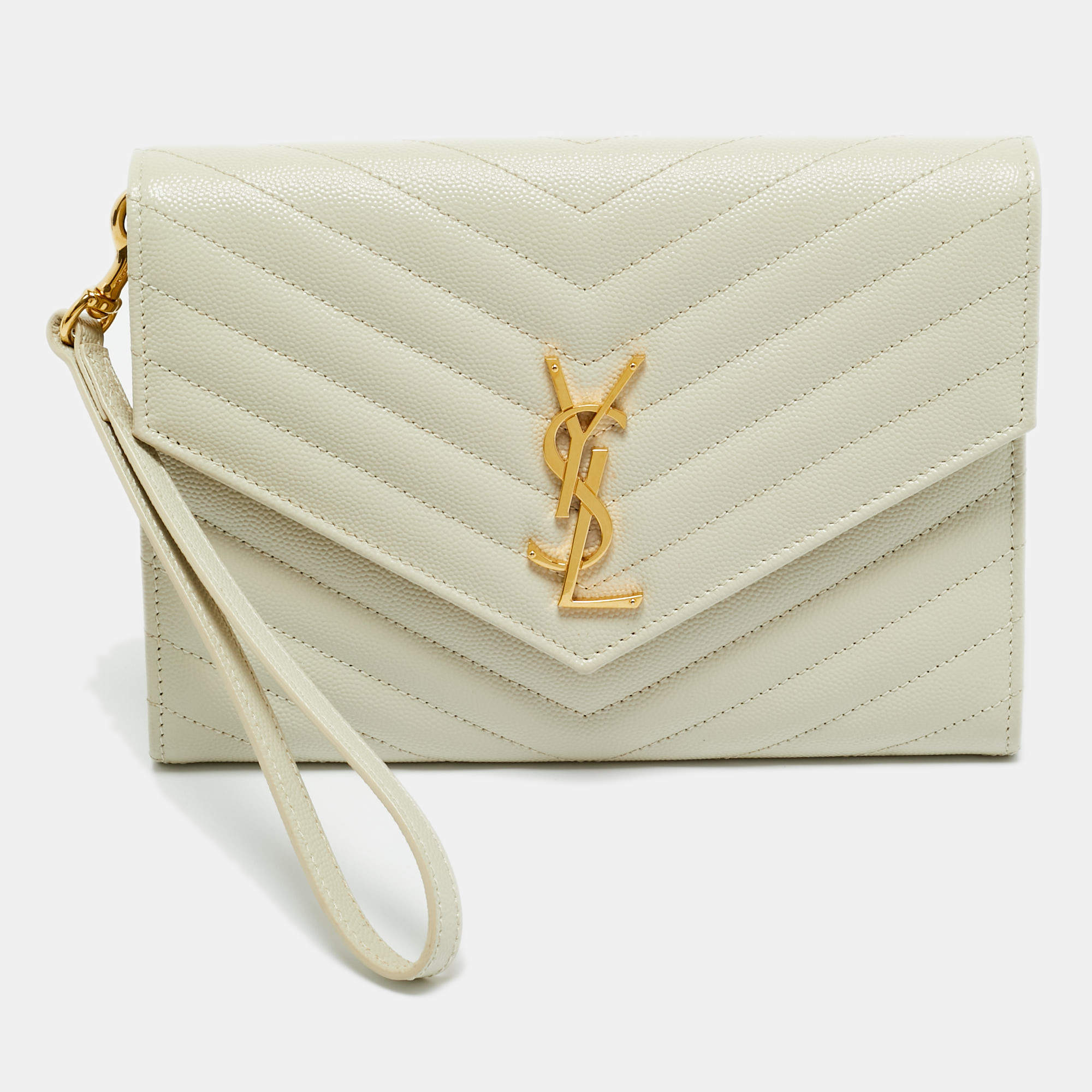 مملوكة مسبقًا Saint Laurent Off White Matelasse Leather Cassandre Wristlet Clutch