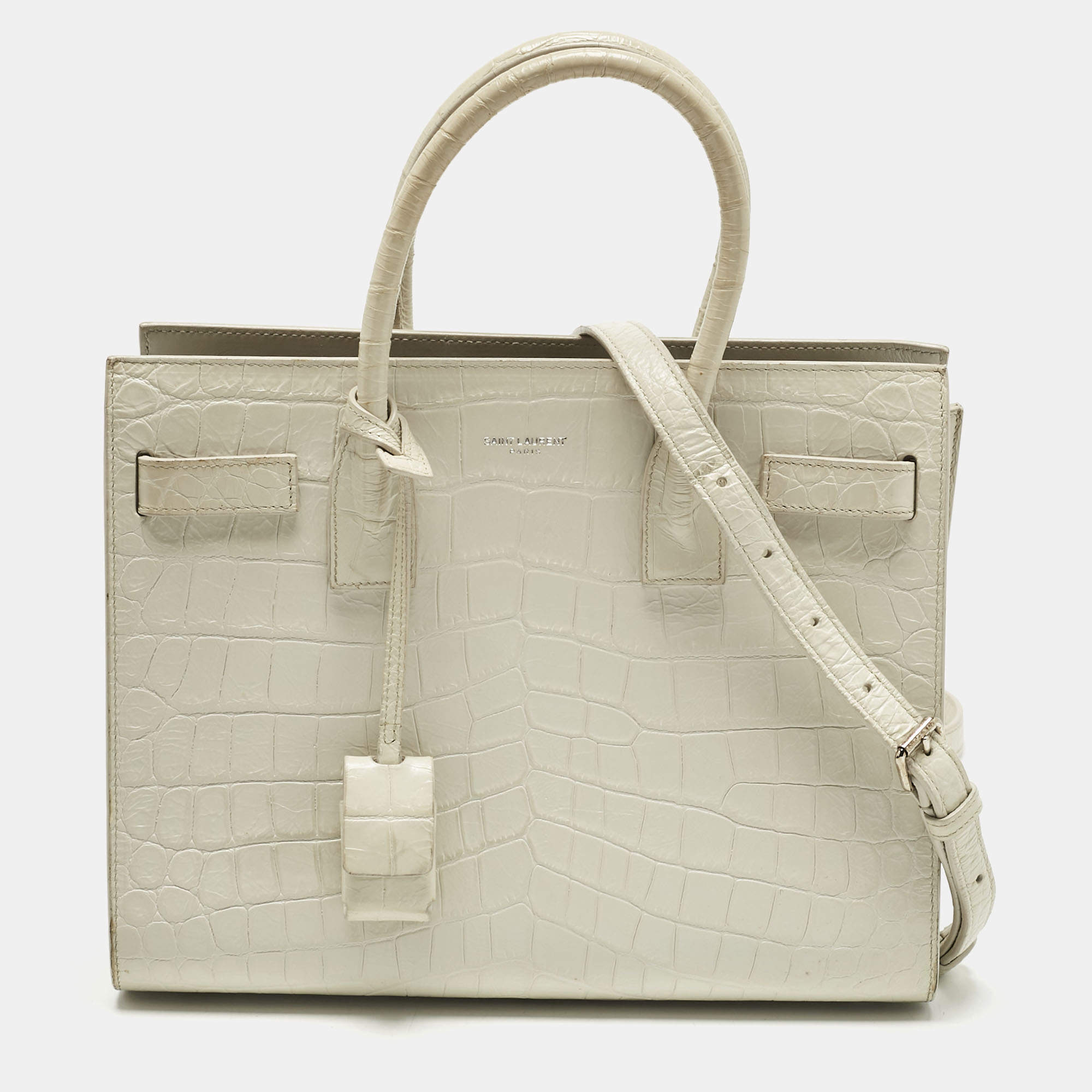 Pre Owned Saint Laurent Off White Croc Embossed Leather Baby Classic Sac De Jour Tote