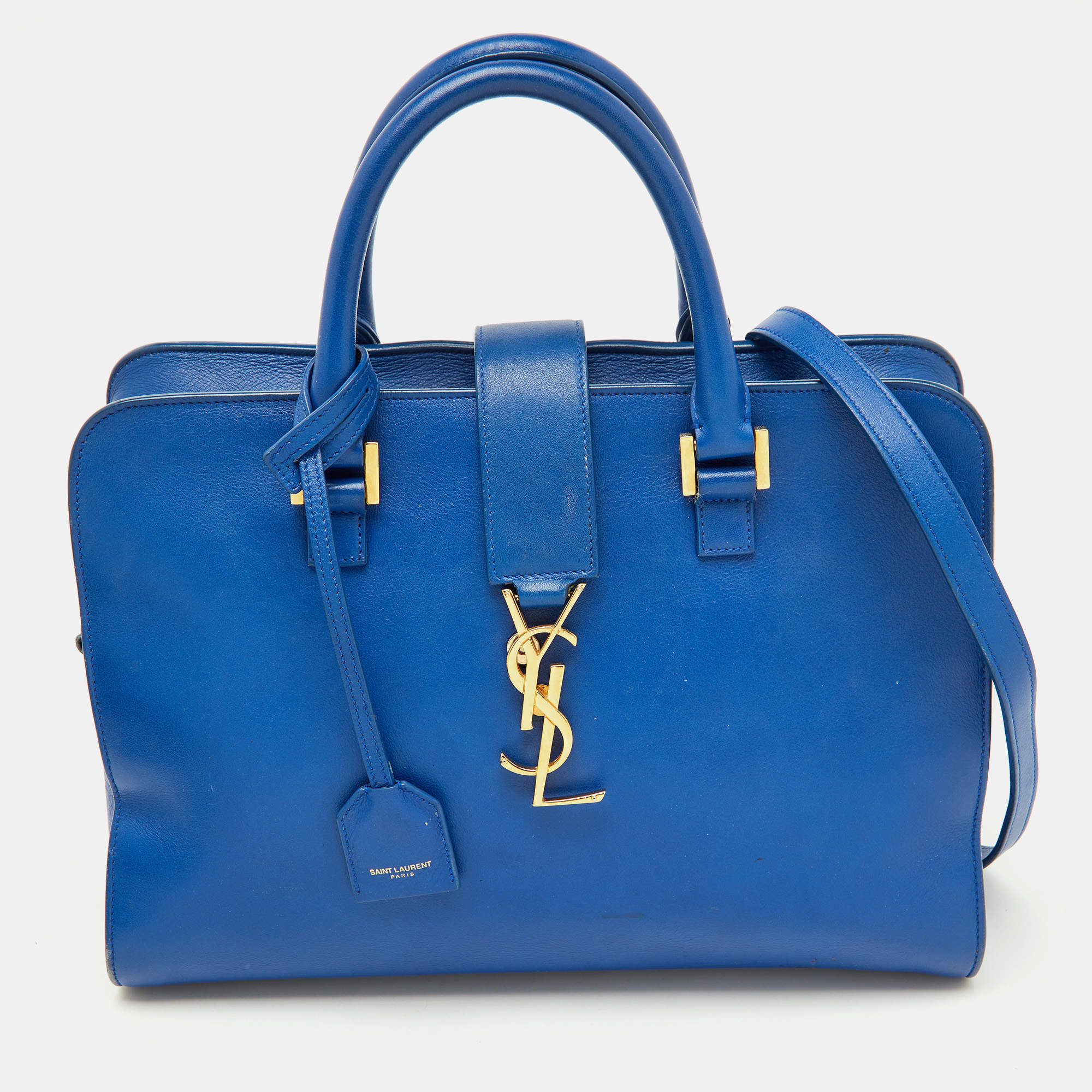 Pre Owned Saint Laurent Blue Leather Medium Monogram Cabas Tote