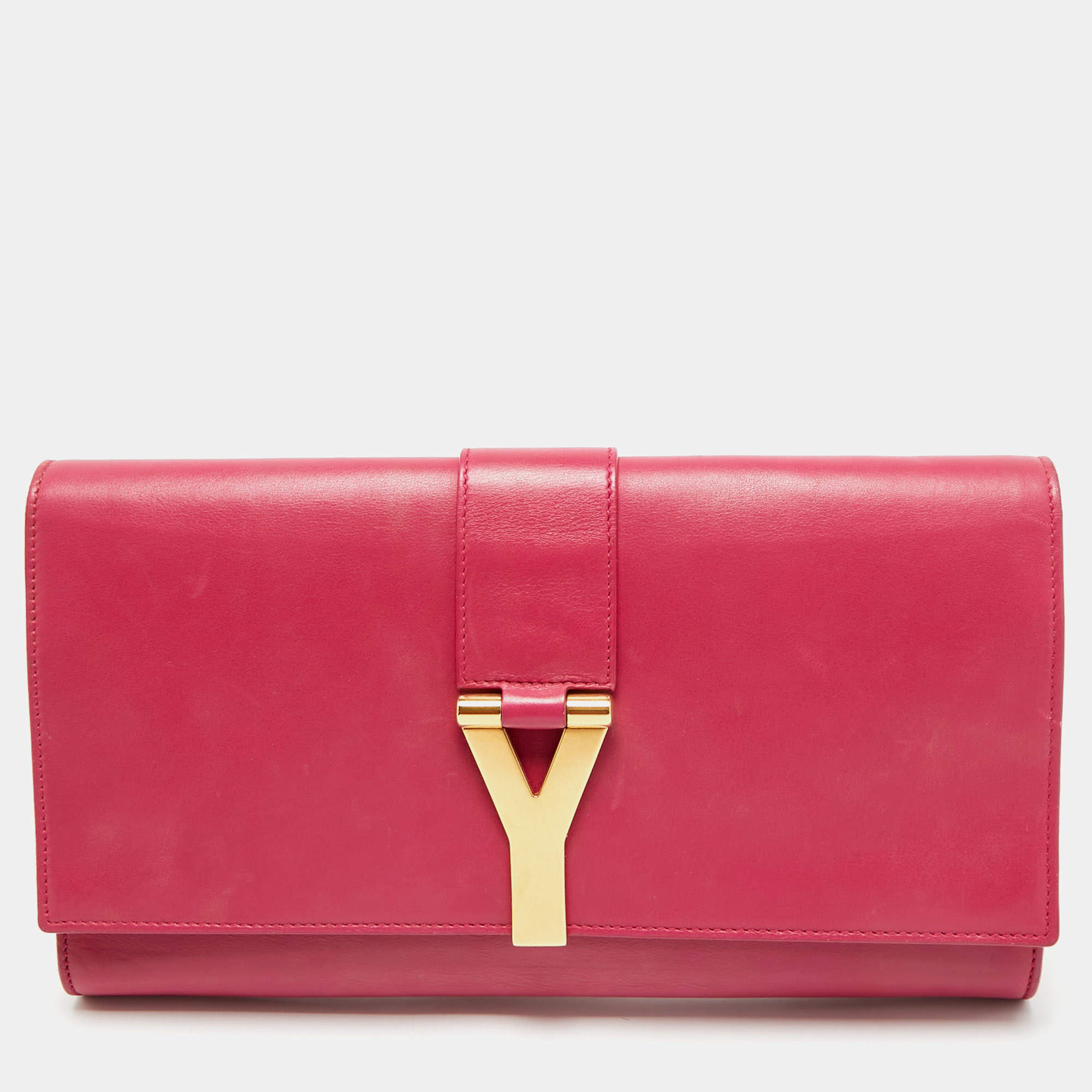 Pre Owned Saint Laurent Fuchsia Leather Ligne Y Clutch