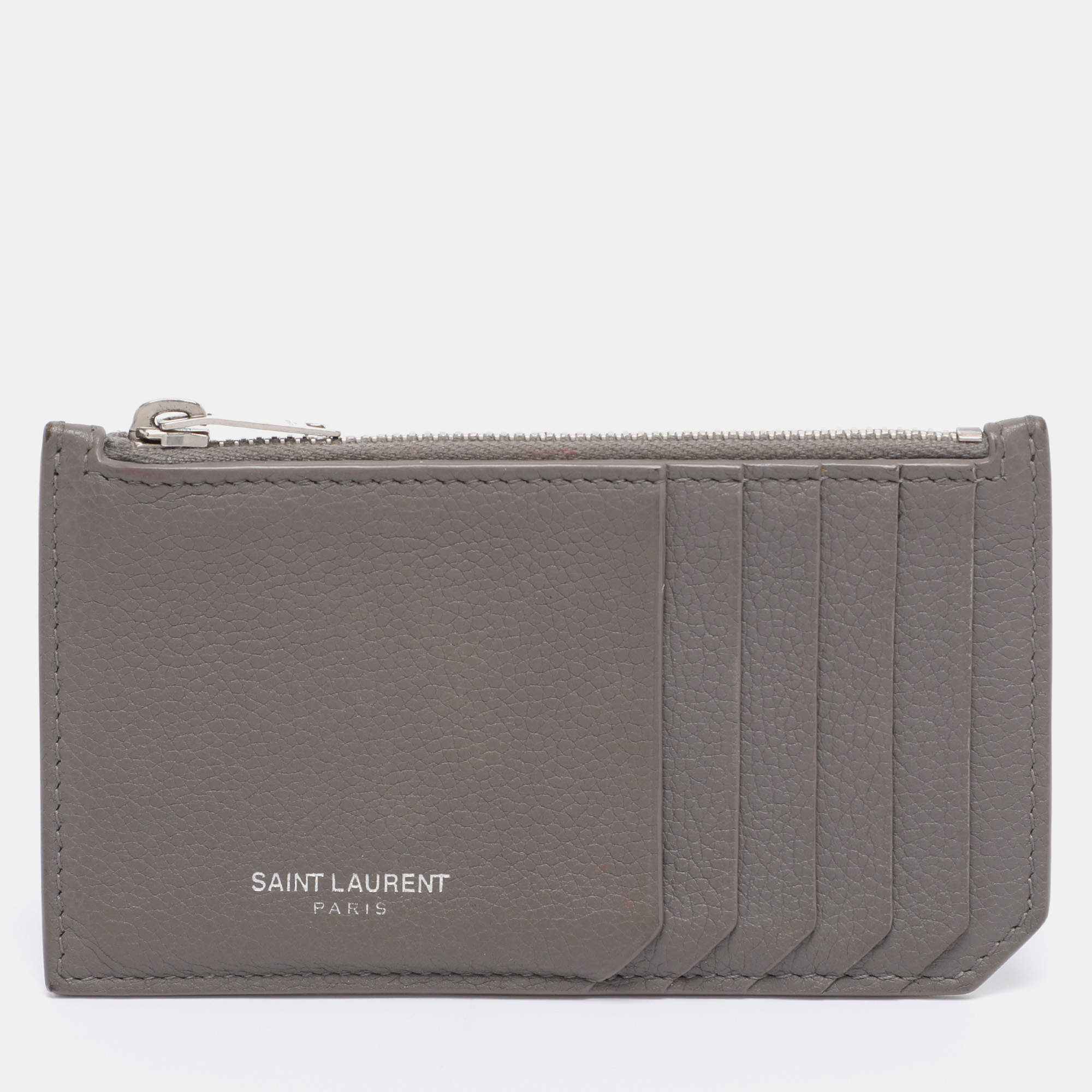 Pre Owned Saint Laurent Grey Leather 5 Fragments Zip Pouch Card Holder