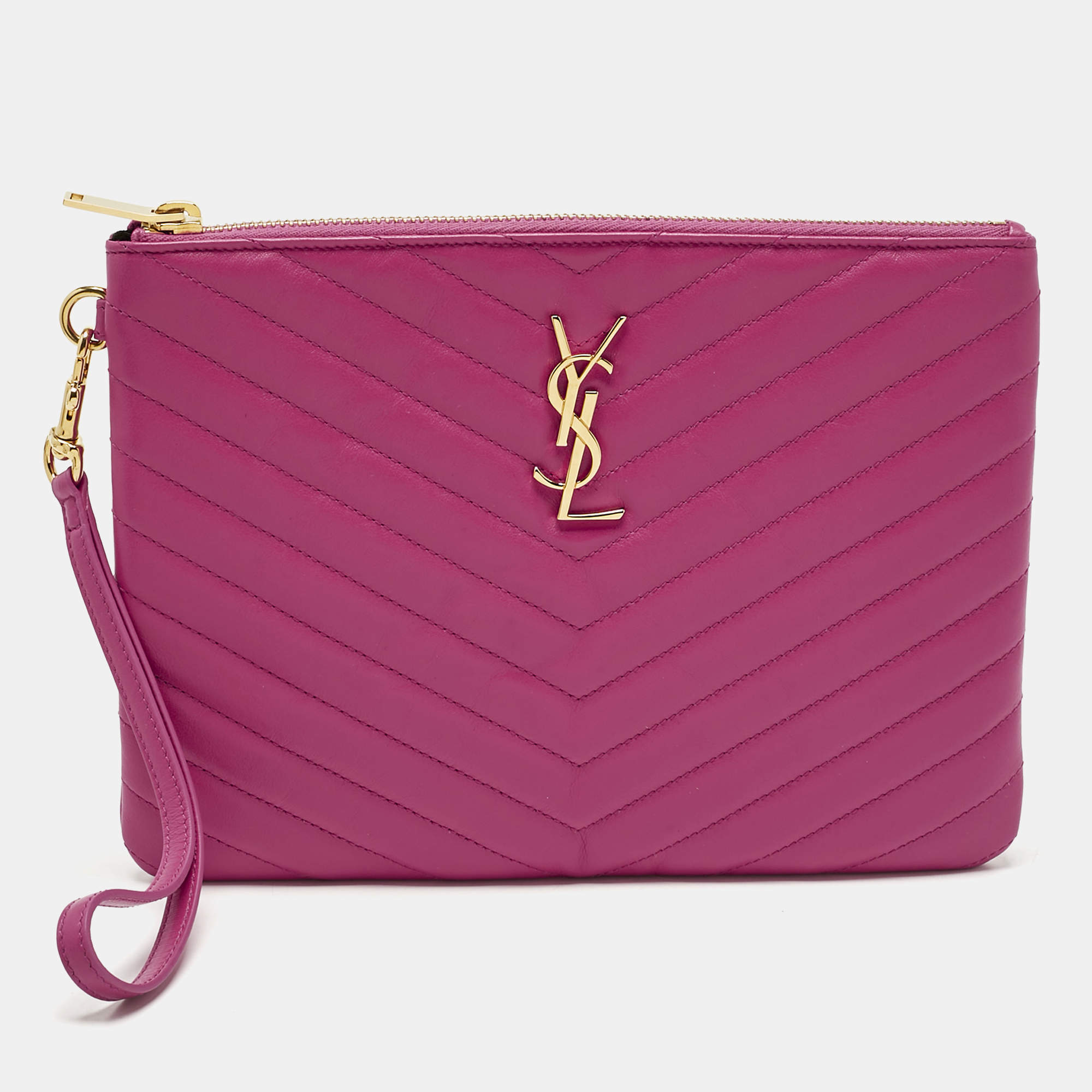 Pre Owned Saint Laurent Fuchsia Matelassé Leather A5 Wristlet Pouch