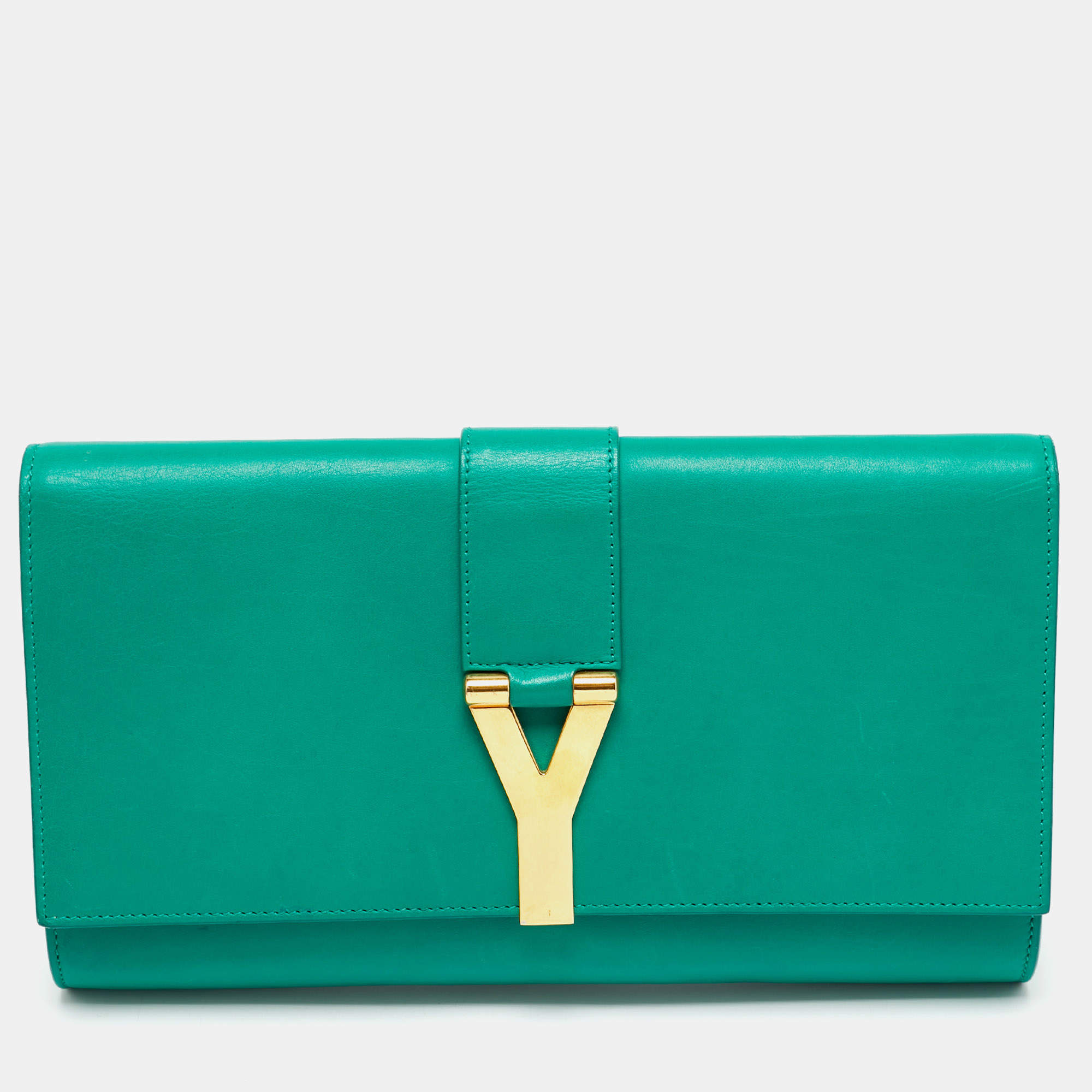 Pre Owned Saint Laurent Green Leather Y-Ligne Clutch