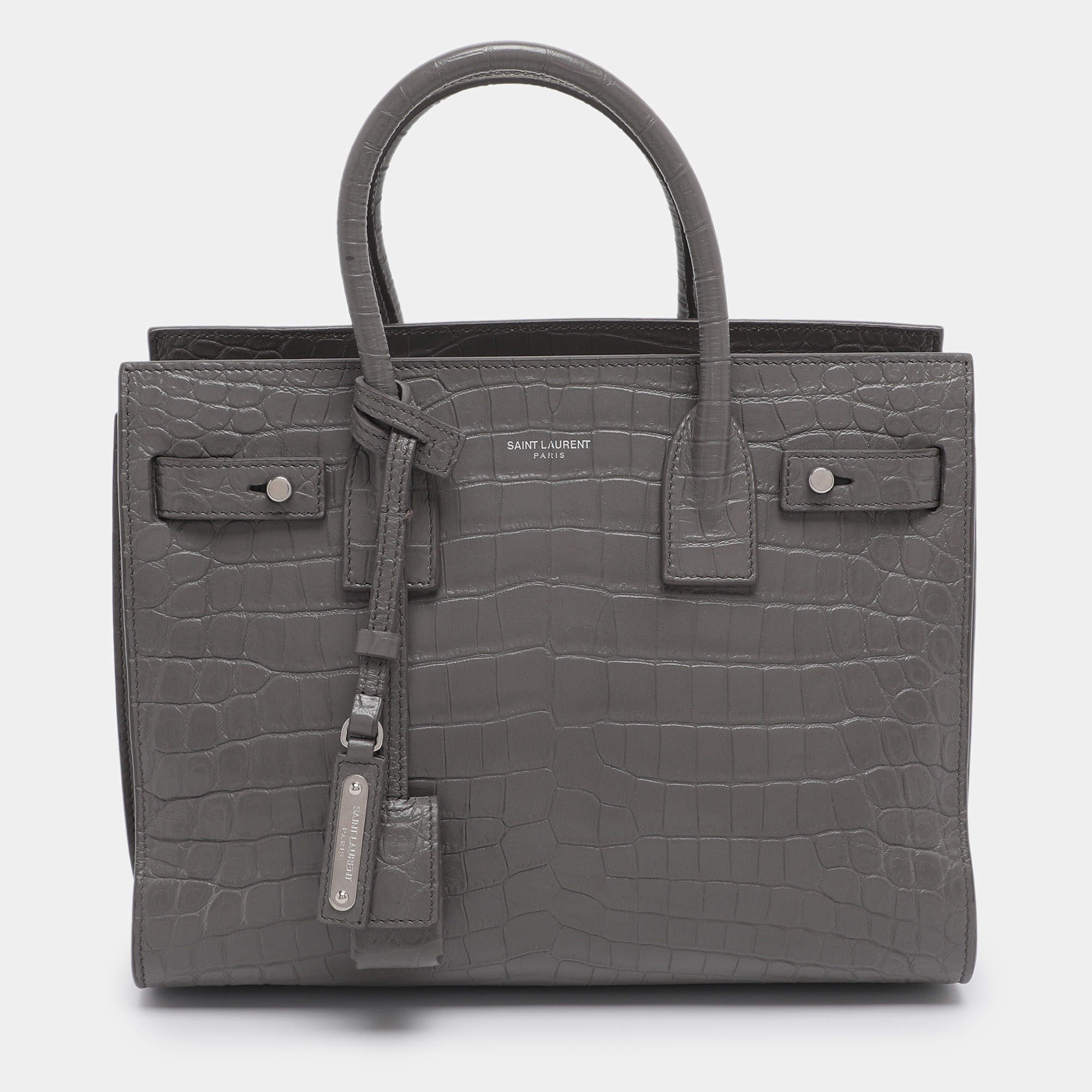 Pre Owned Saint Laurent Grey Croc Embossed Leather Baby Classic Sac De Jour Tote