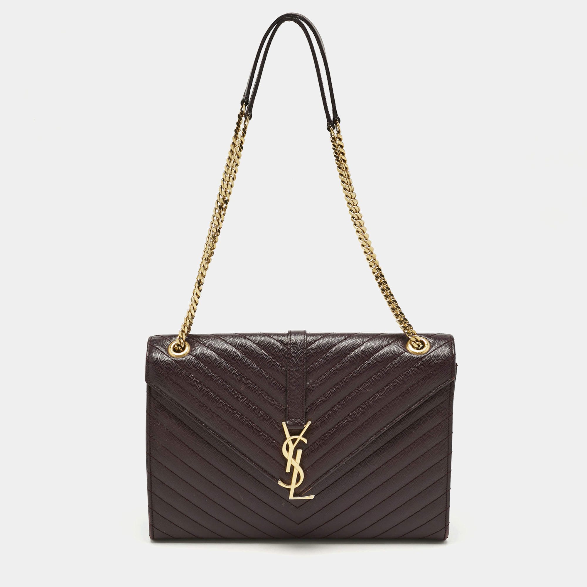 Pre Owned Saint Laurent Burgundy Chevron Leather Large Monogram Envelope Shoulder Bag