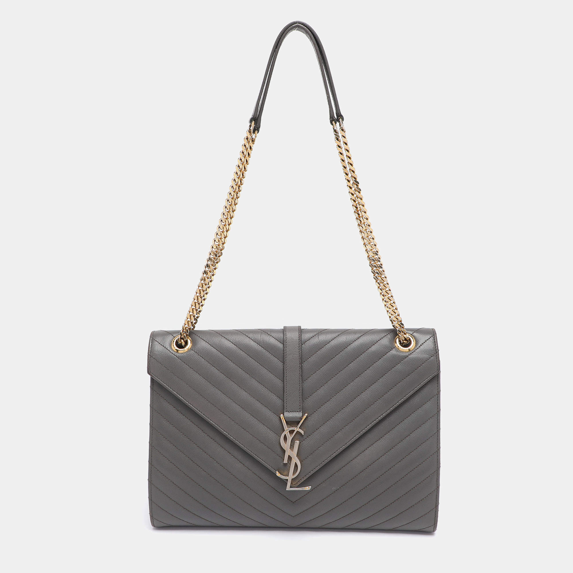 Pre Owned Saint Laurent Grey Matelasse Leather Large Monogram Envelope Shoulder Bag