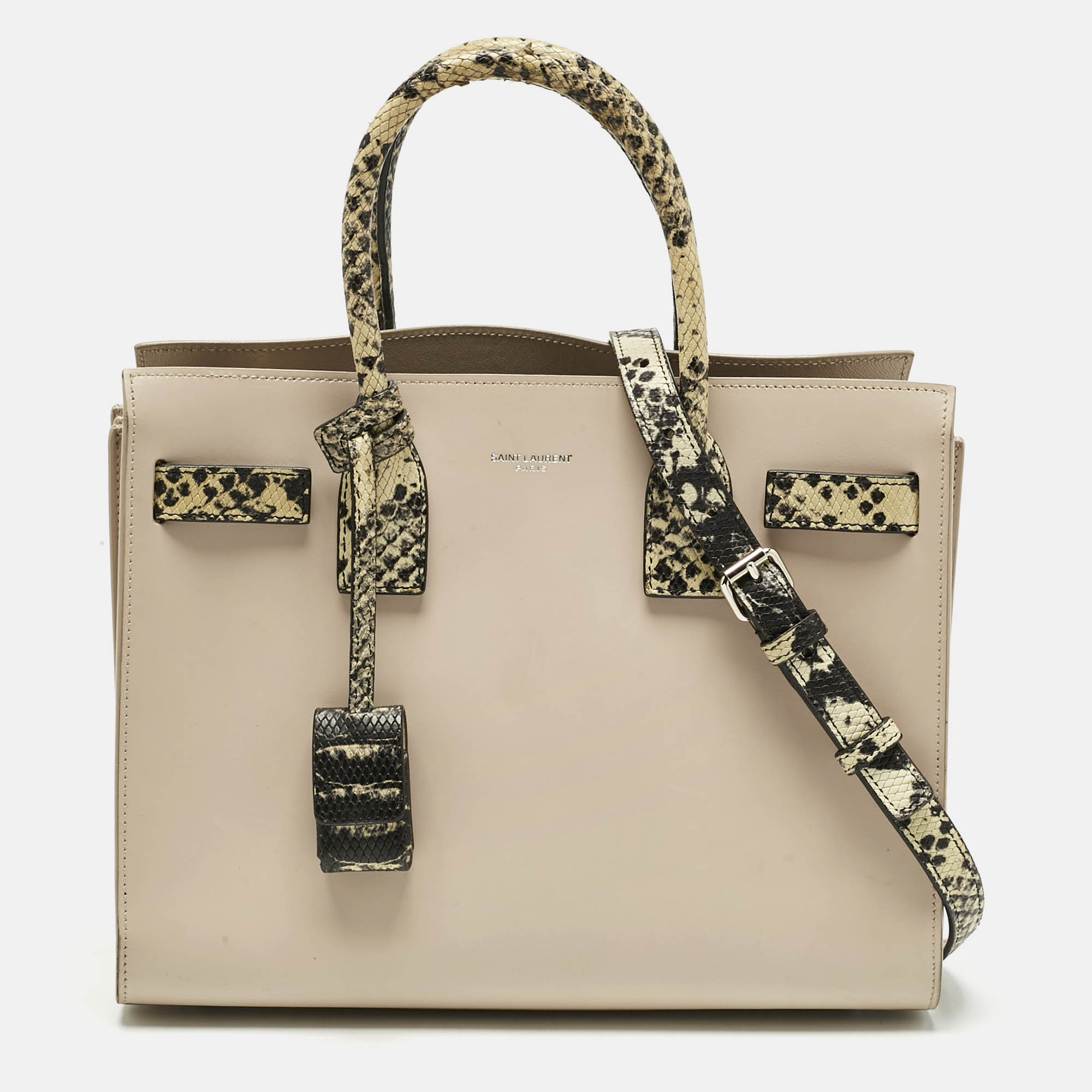 Pre Owned Saint Laurent Beige/Black Leather and Snakeskin Embossed Baby Classic Sac De Jour Tote