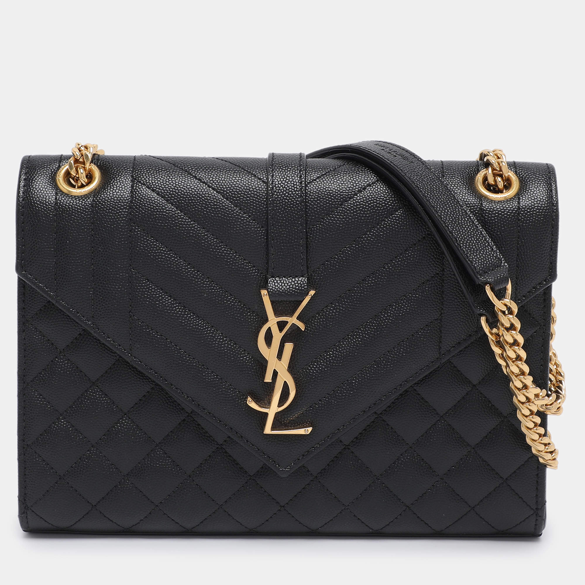 Pre Owned Saint Laurent Black Mix Matelassé Leather Medium Envelope Chain Bag