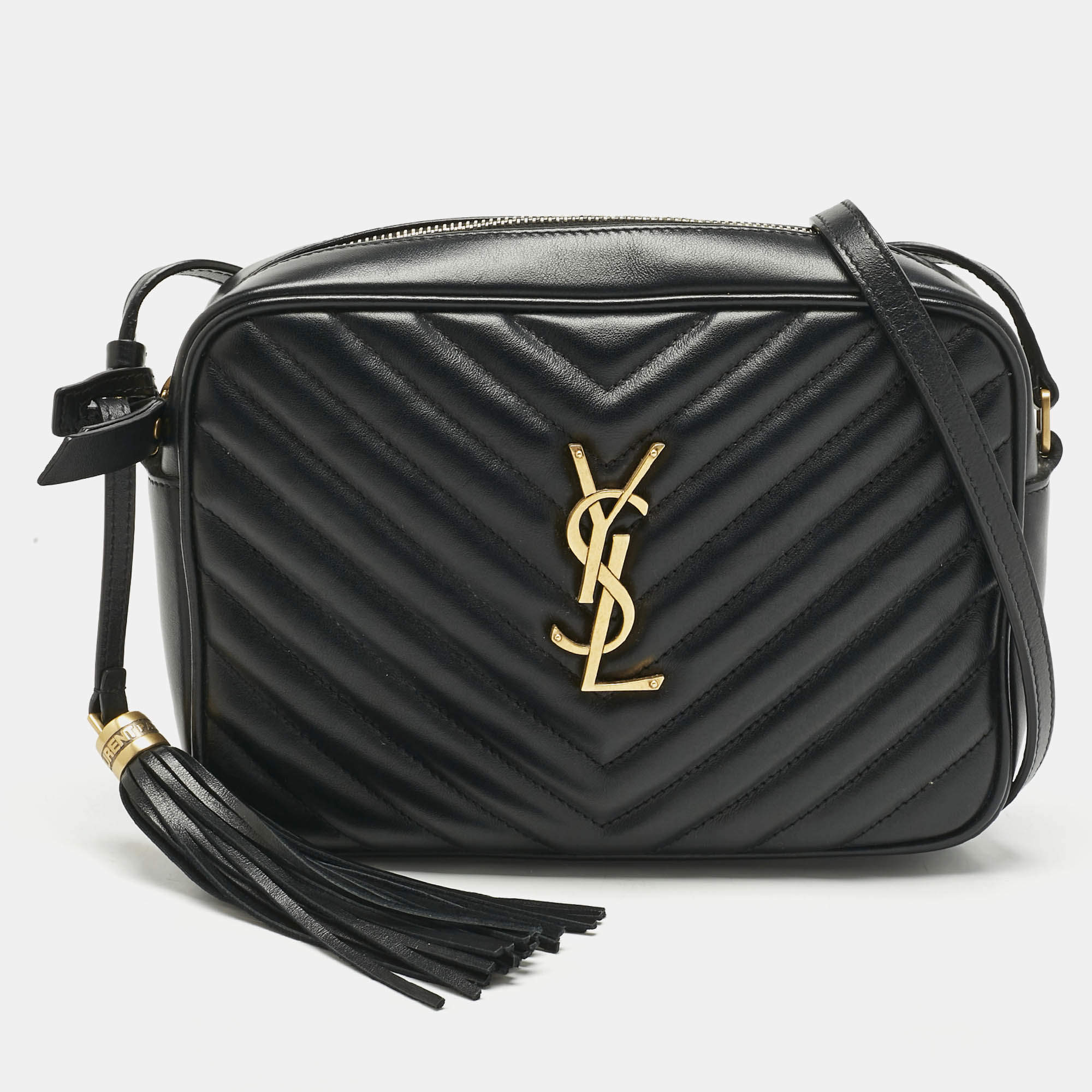 Pre Owned Saint Laurent Black Matelassé Leather Lou Camera Crossbody Bag