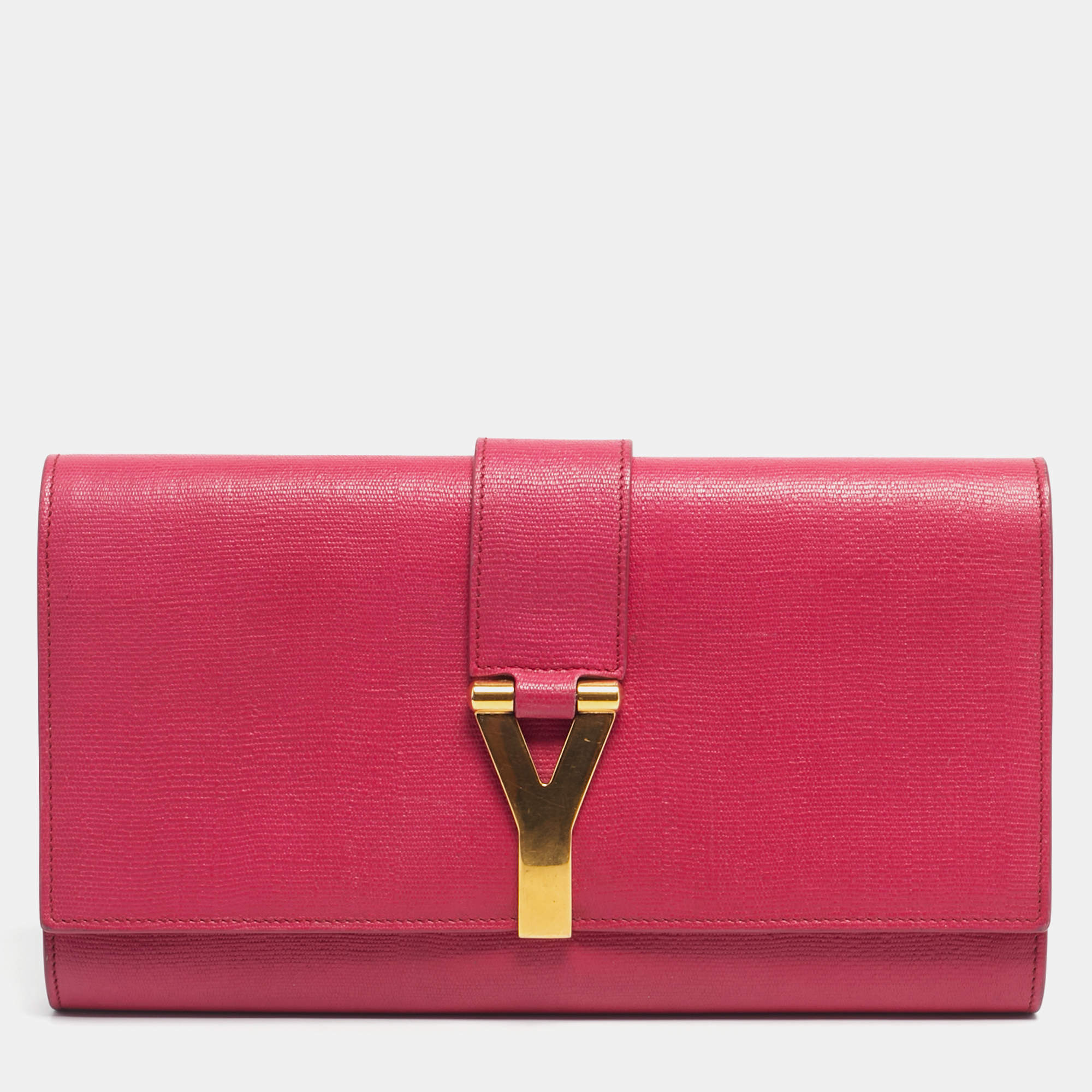 Pre Owned Saint Laurent Fuchsia Textured Leather Ligne Y Clutch