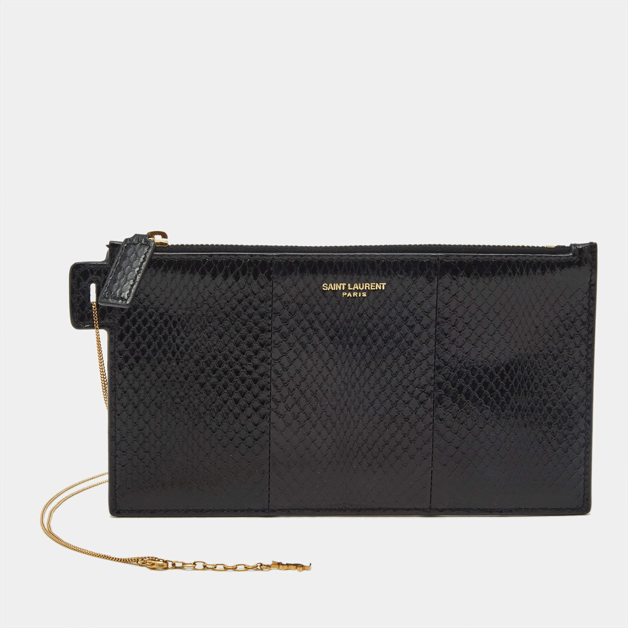 Pre Owned Saint Laurent Black Snakeskin Slim Chain Pouch 