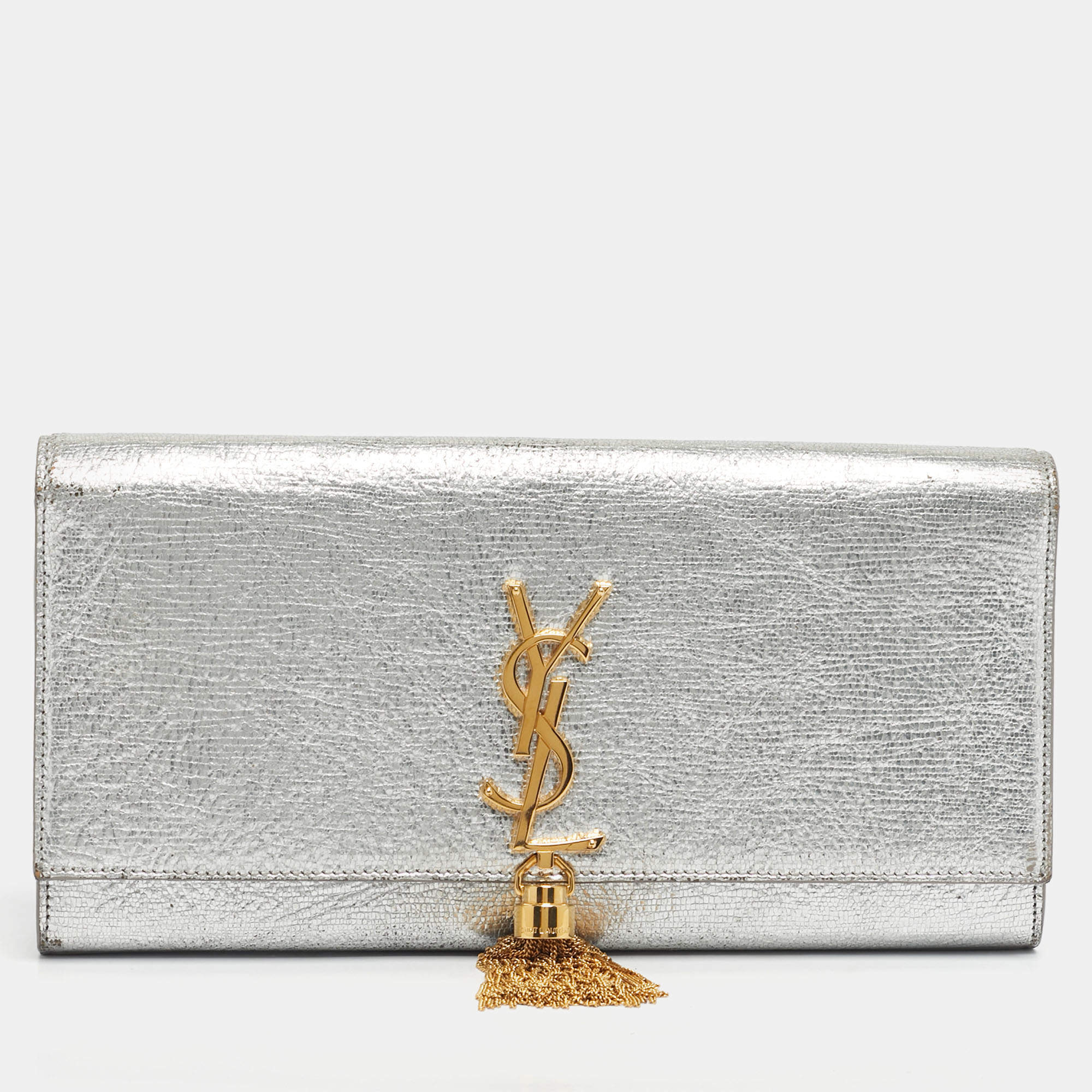 Pre Owned Saint Laurent Silver Leather Kate Tassel Flap Clutch