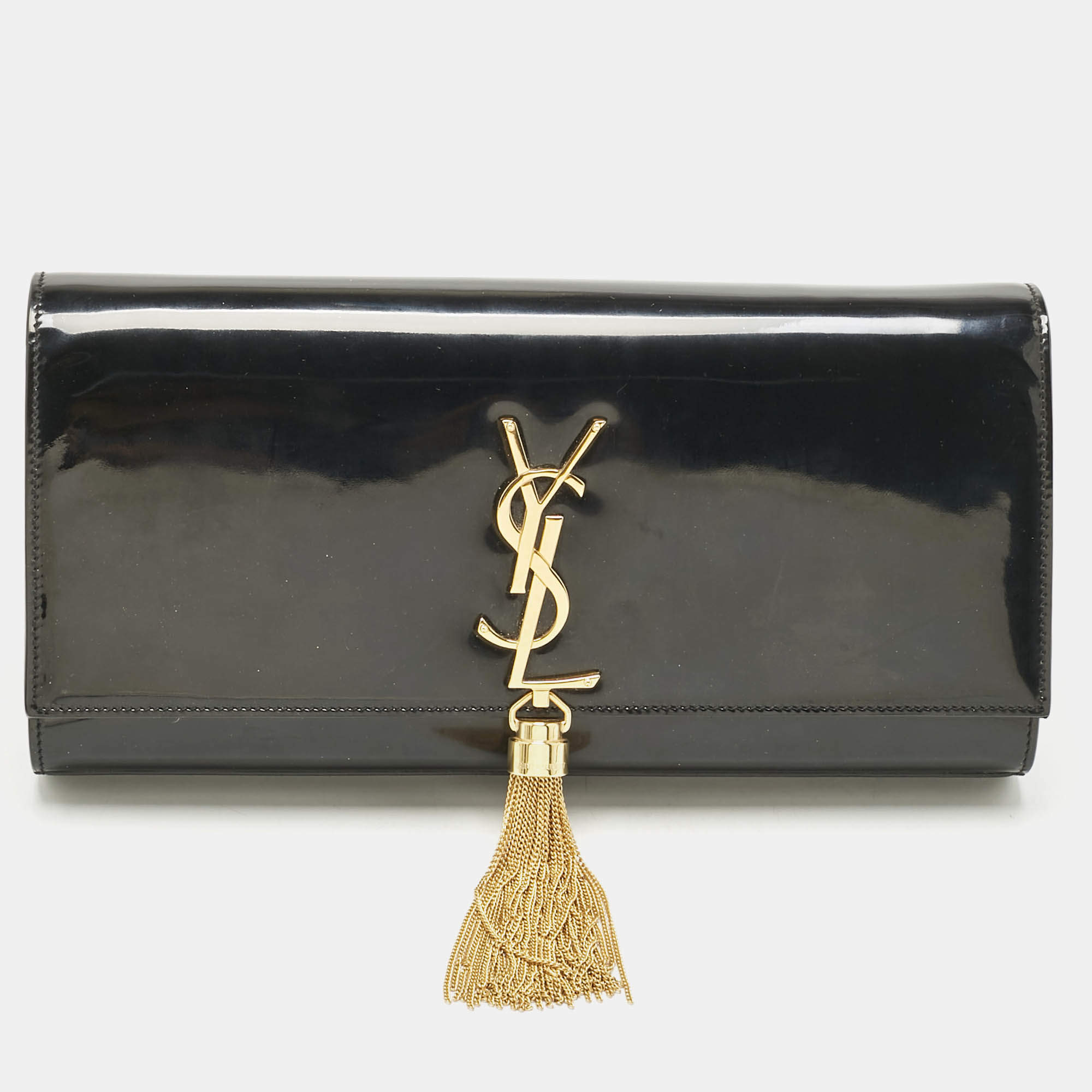 Pre Owned Saint Laurent Black Patent Leather Monogram Kate Tassel Clutch