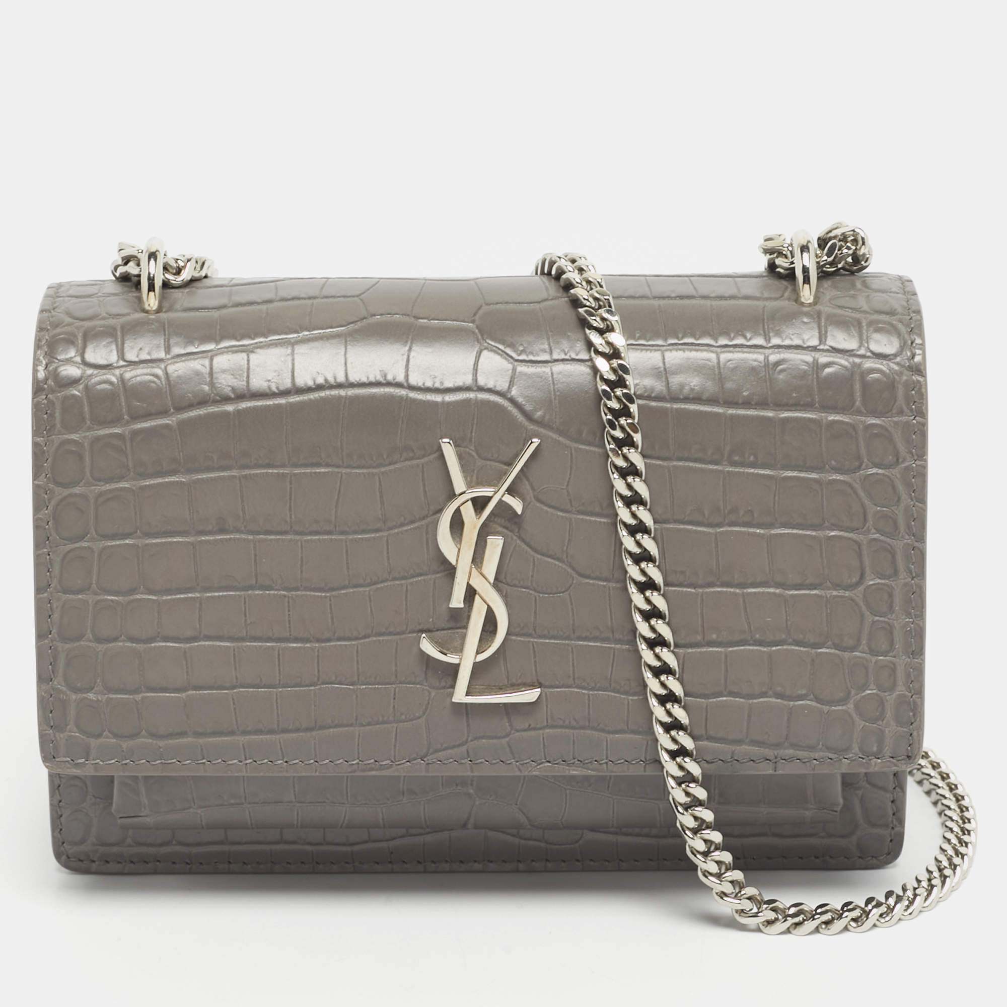 Pre Owned Saint Laurent Grey Croc Embossed Leather Mini Sunset Chain Bag