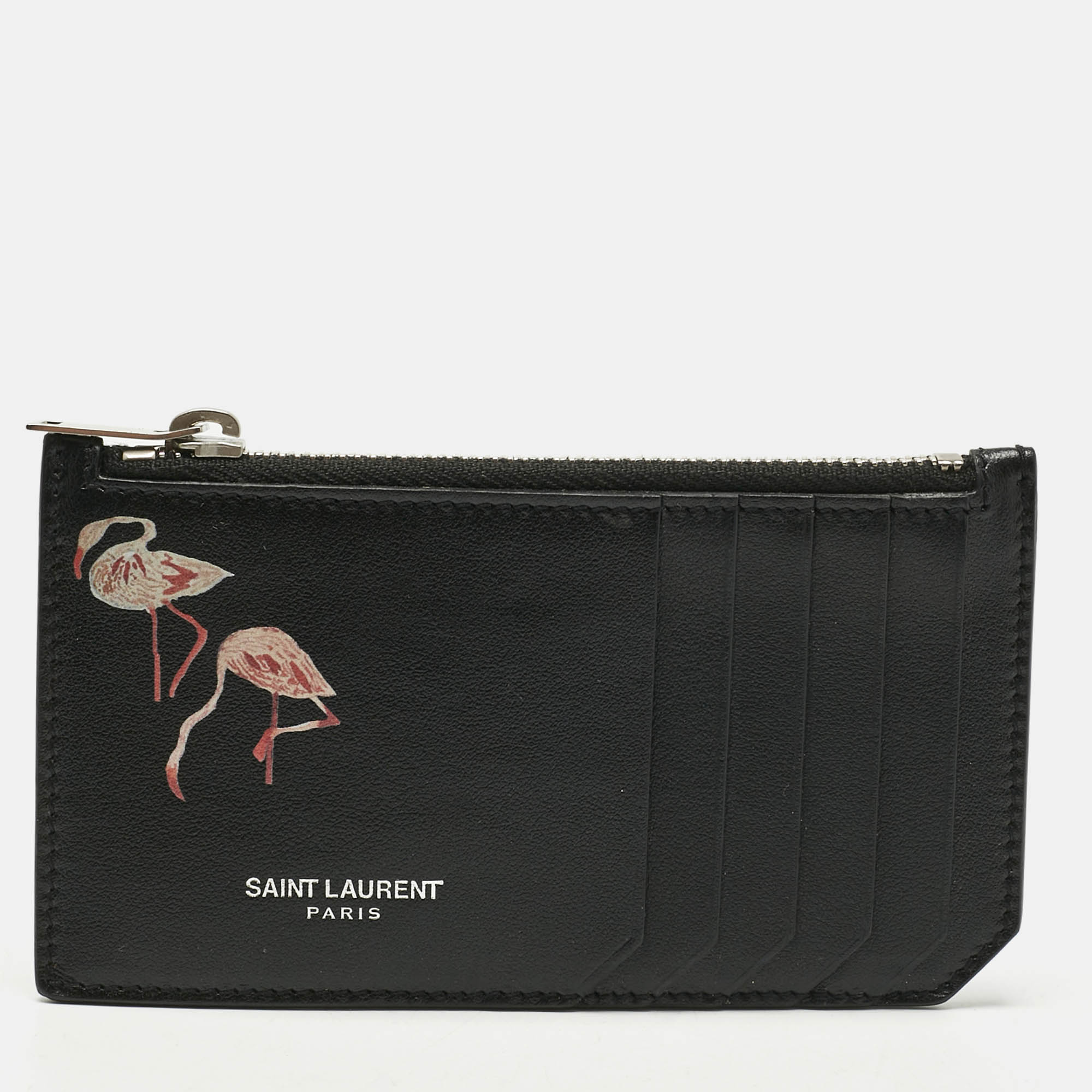 Pre Owned Saint Laurent Black Leather Flamingo 5 Fragments Zip Card Holder