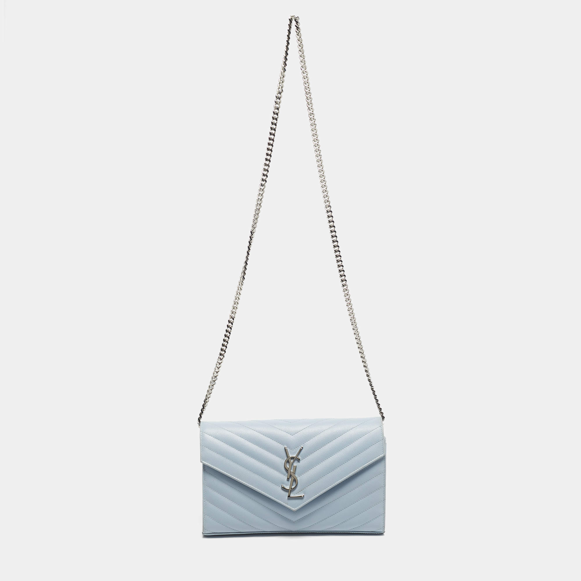 Pre Owned Saint Laurent Blue Matelassé Leather Cassandre Wallet on Chain