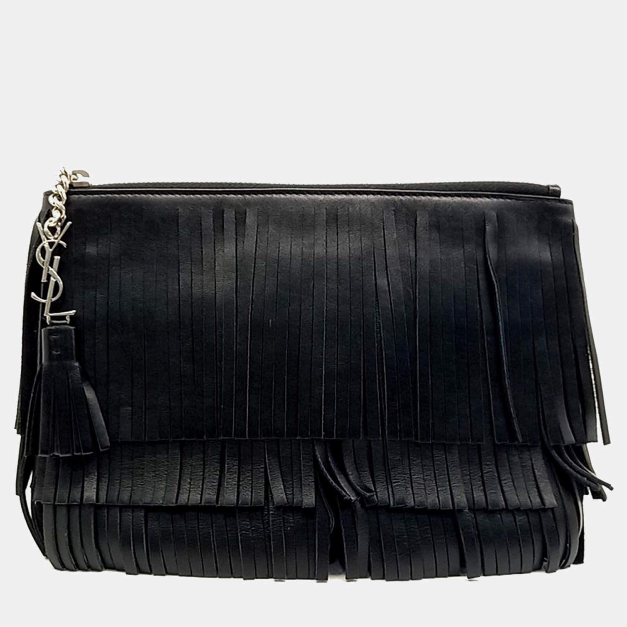 Pre Owned Saint Laurent Paris Black Leather Fringe Clutch