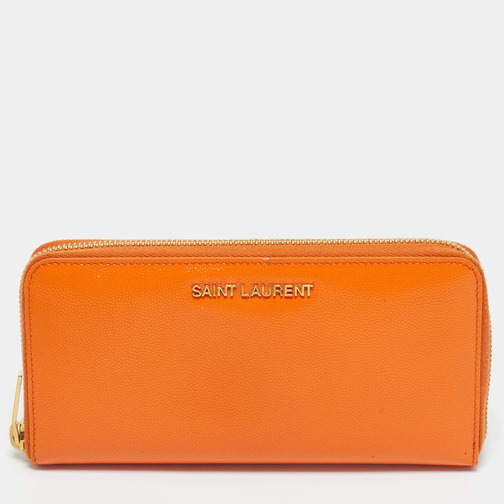 Pre Owned Saint Laurent Orange Leather Logo Zip Continental Wallet