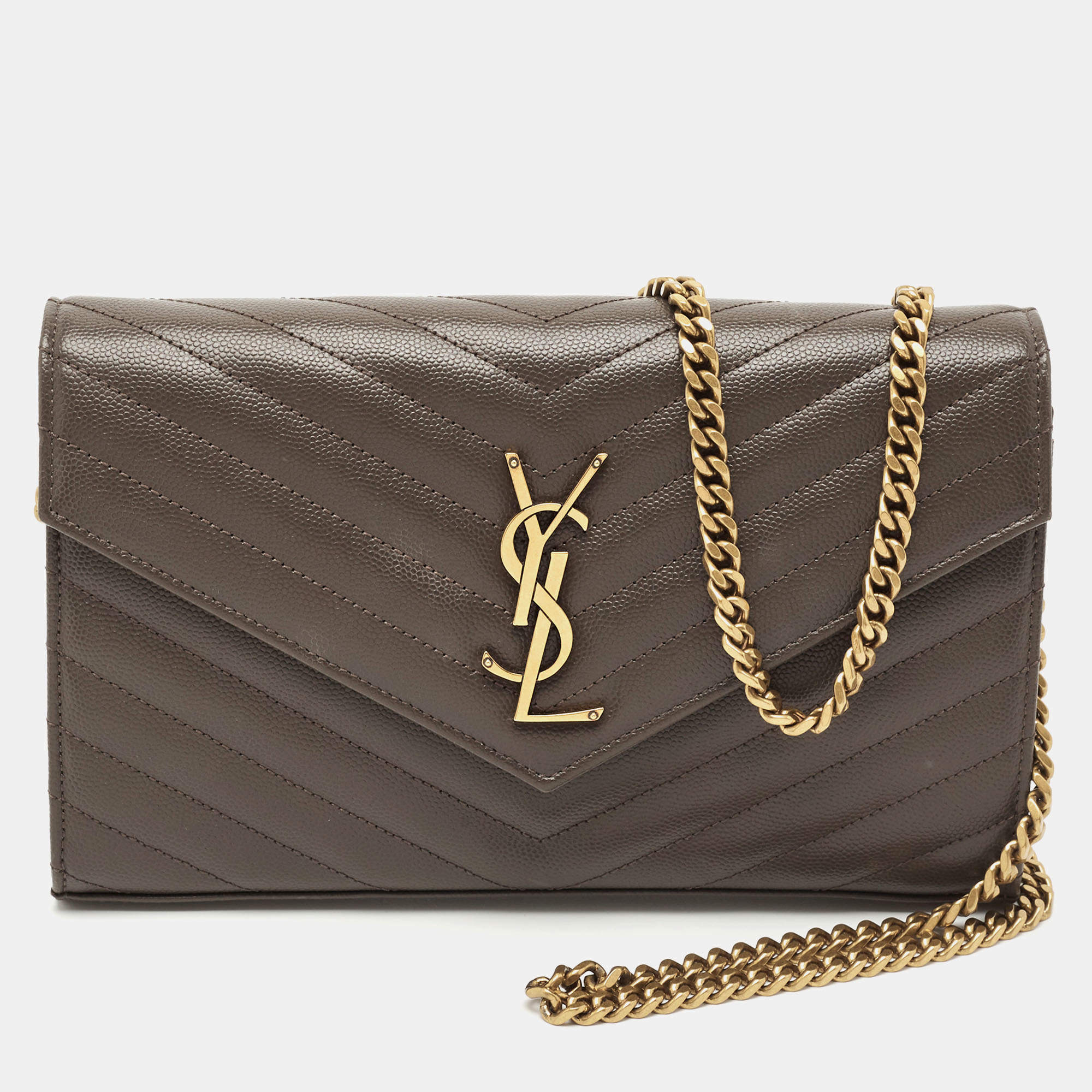 Pre Owned Saint Laurent Olive Green Matelassé Leather Cassandre Wallet on Chain