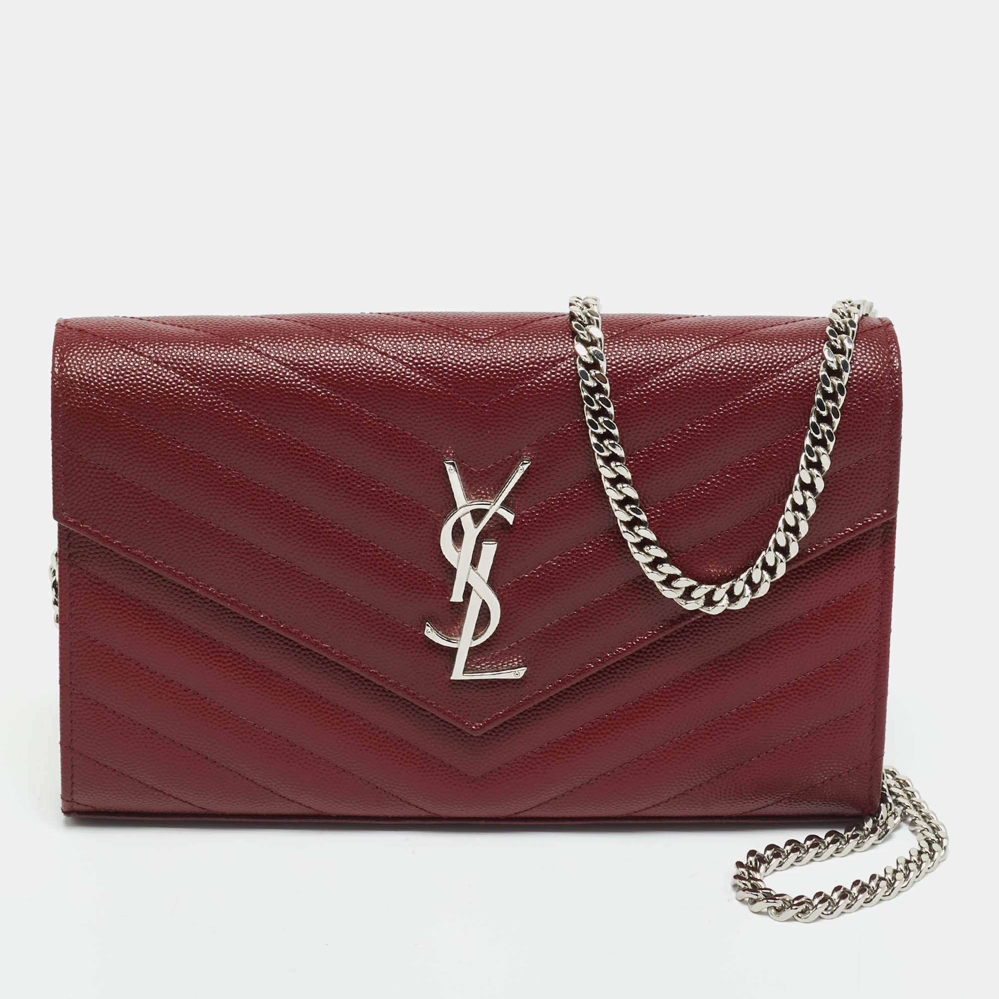 Pre Owned Saint Laurent Red Matelassé Leather Cassandre Envelope Wallet on Chain