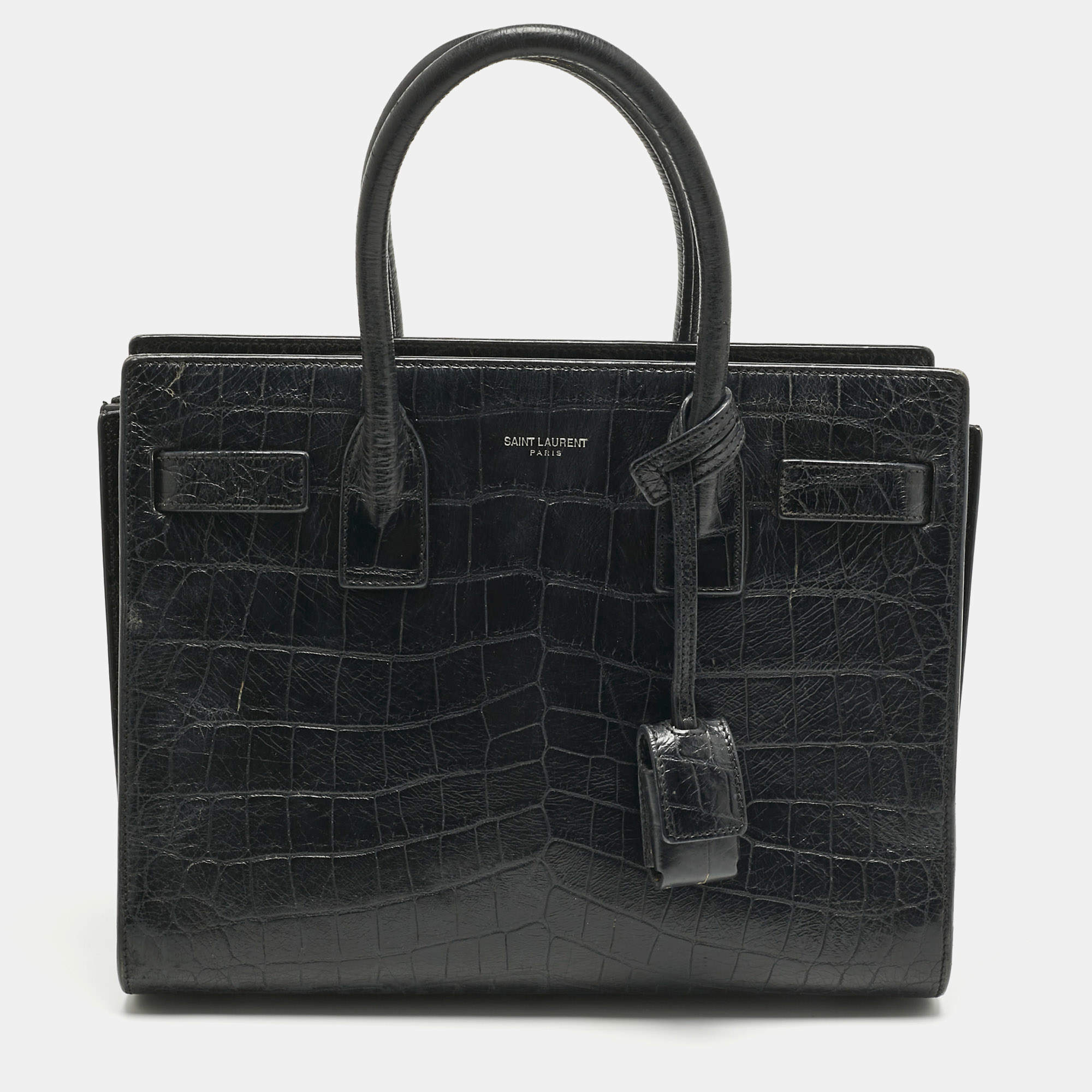 Pre Owned Saint Laurent Black Croc Embossed Leather Baby Classic Sac De Jour Tote