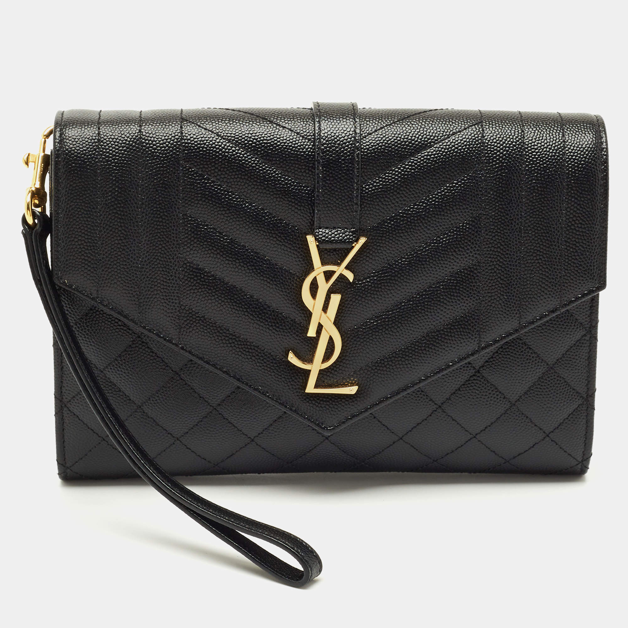 Pre Owned Saint Laurent Black Mix Matelasse Leather Envelope Flap Pouch