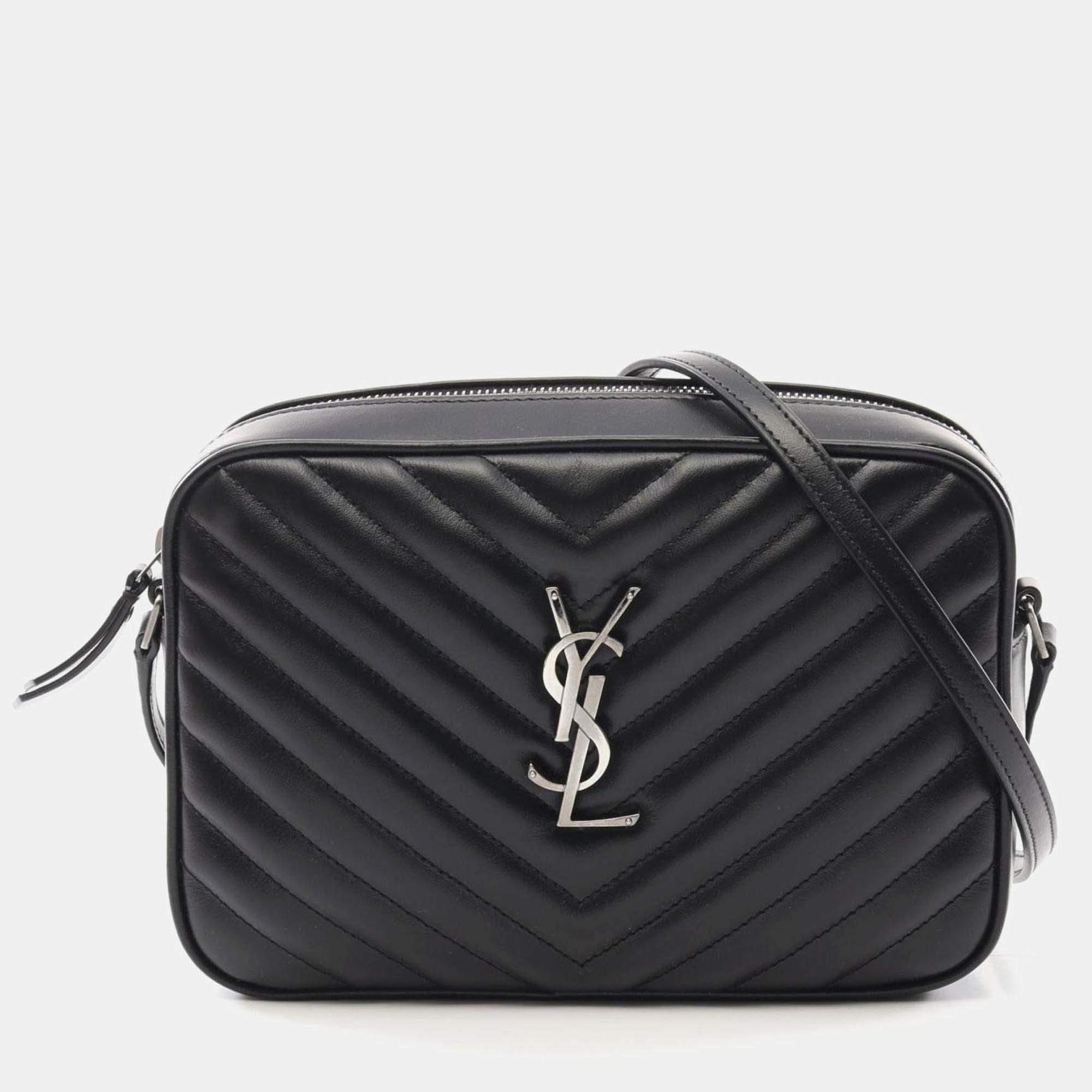 Pre Owned Saint Laurent Lou Monogram Camera Bag Shoulder Leather Black