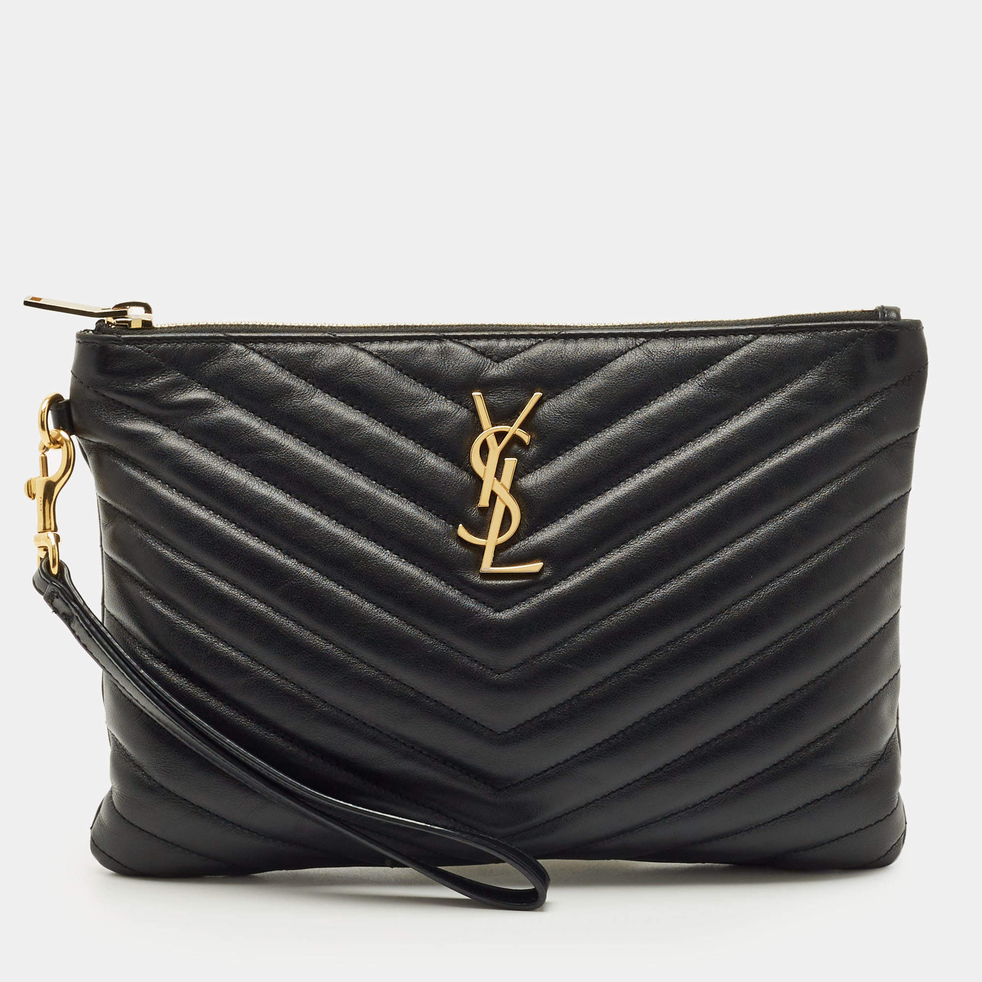 Pre Owned Saint Laurent Black Matelassé Leather New Jolie Wristlet Pouch