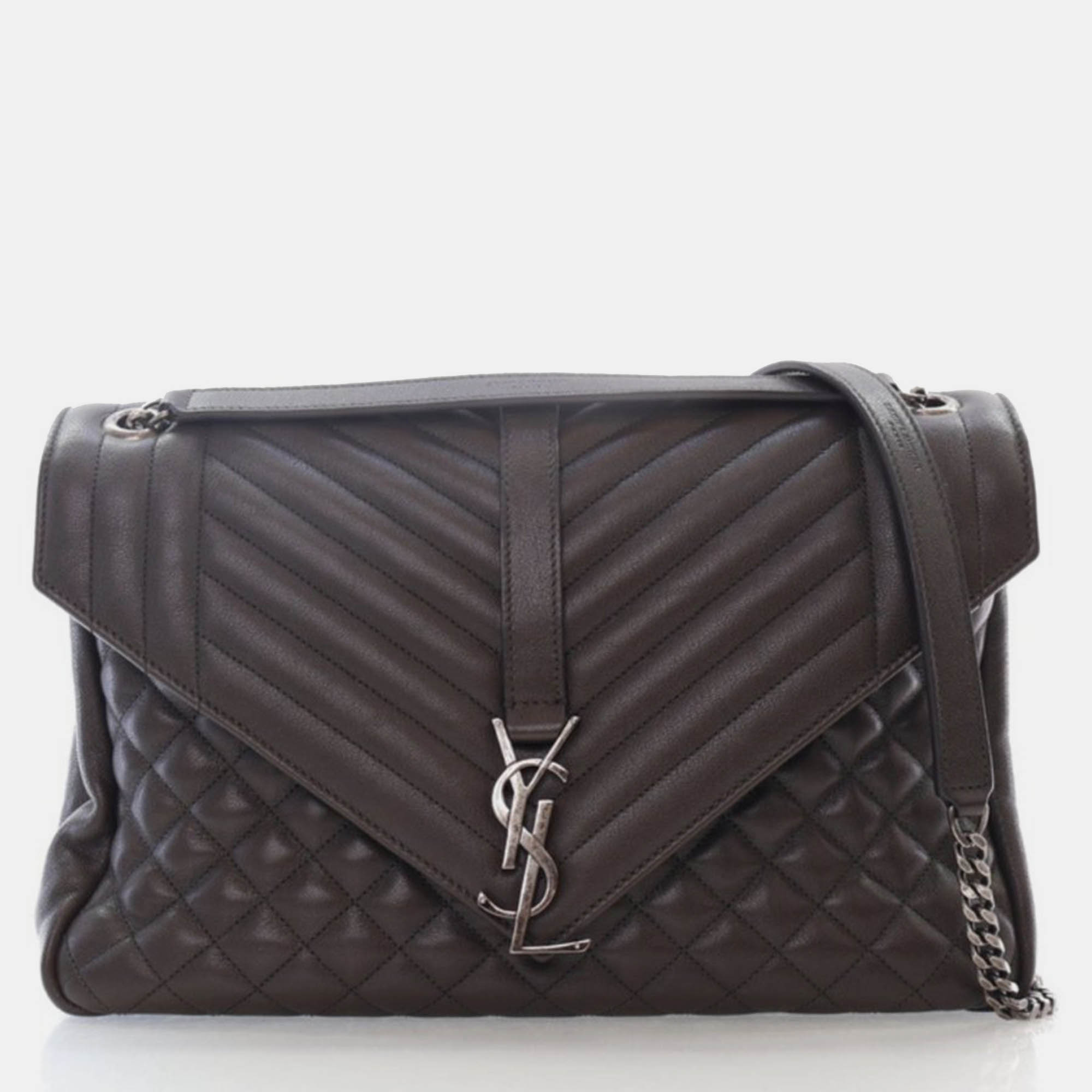 Pre Owned Saint Laurent Large Grey Calfskin Triquilt Envelope Shoulder Bag