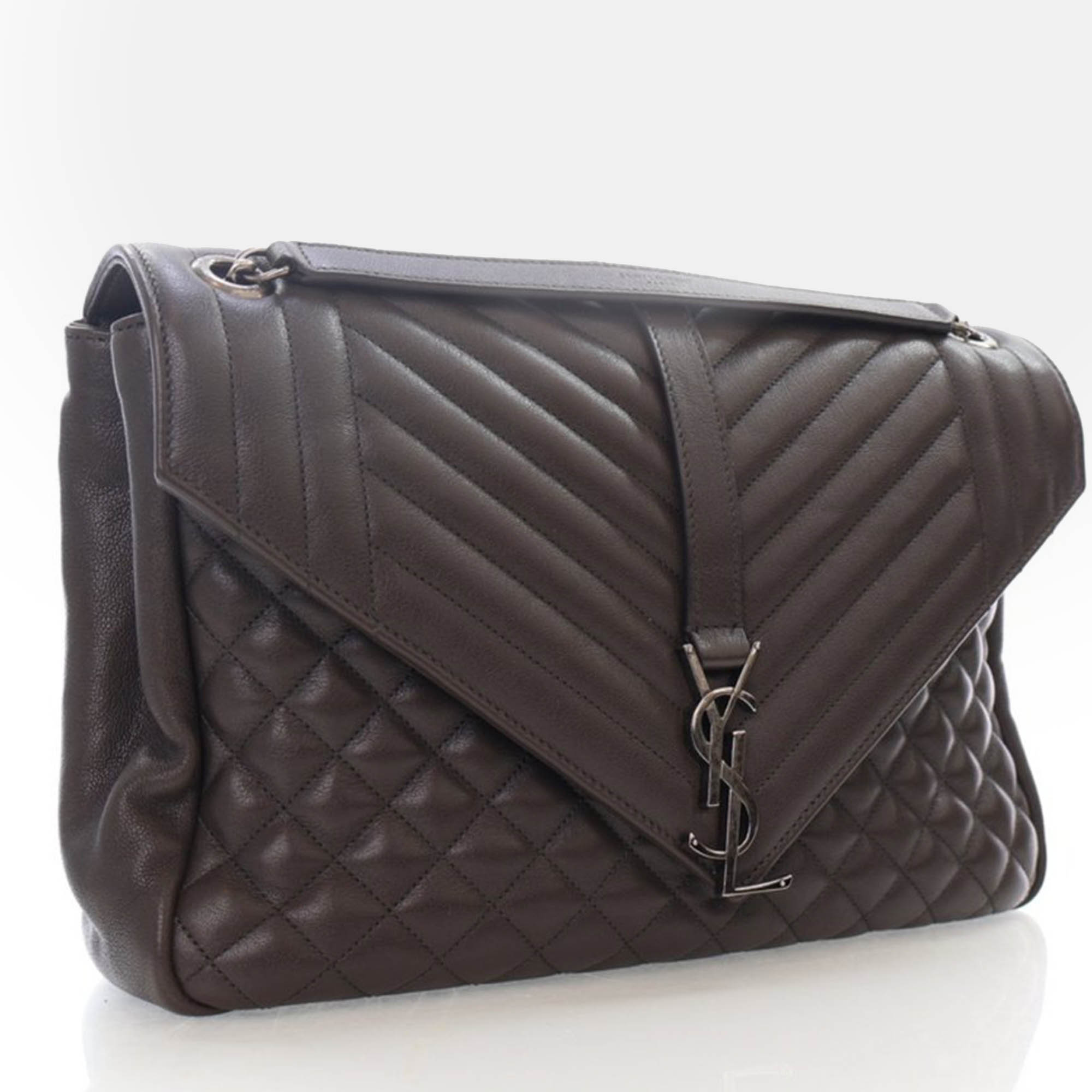 Pre Owned Saint Laurent Large Grey Calfskin Triquilt Envelope Shoulder Bag