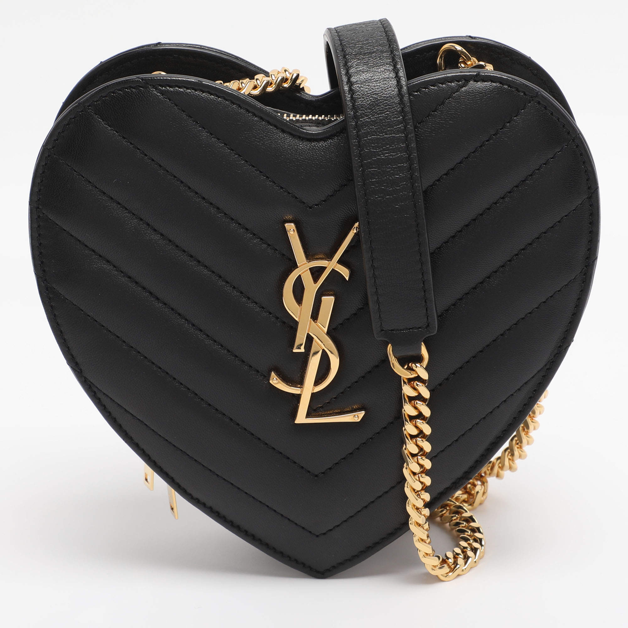 Pre Owned Saint Laurent Paris Black Matelasse Leather Heart Chain Bag