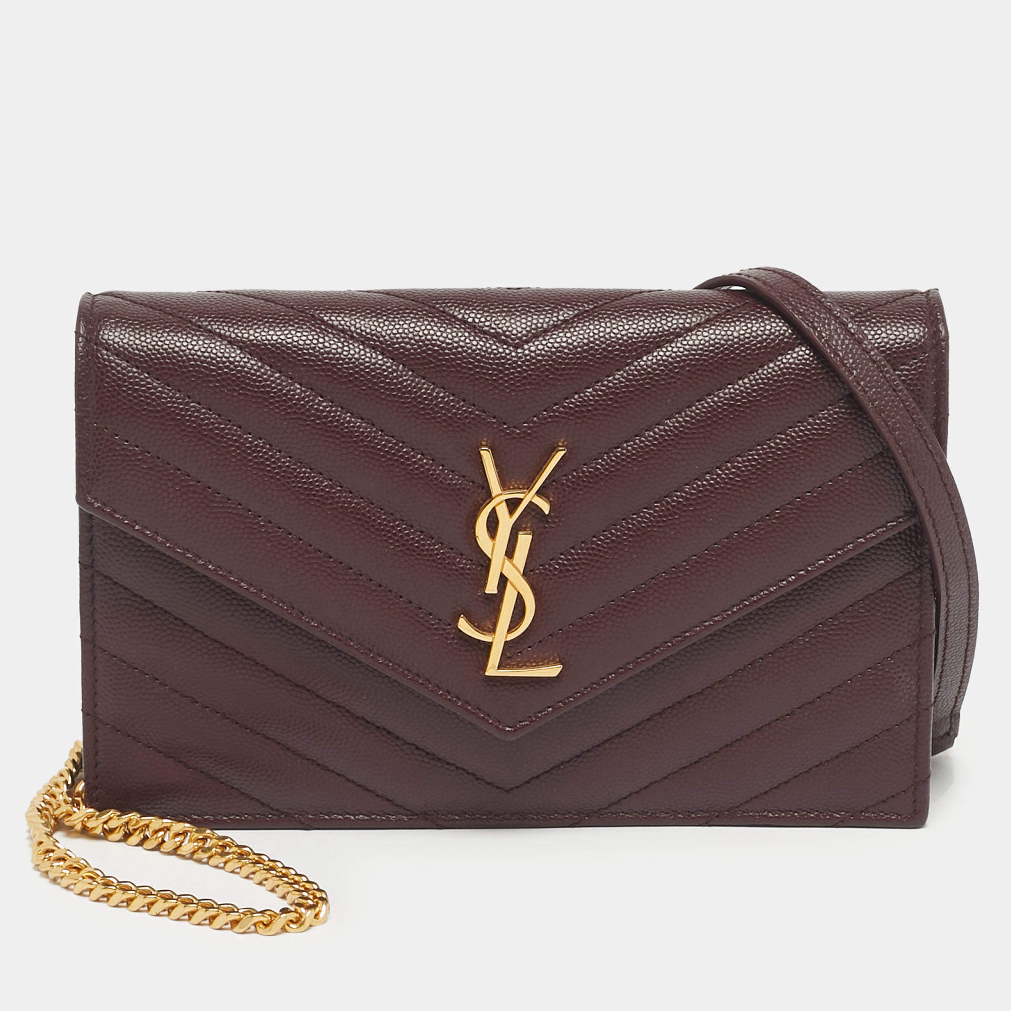 Pre Owned Saint Laurent Burgundy Matelassé Leather Monogram Envelope Wallet on Chain
