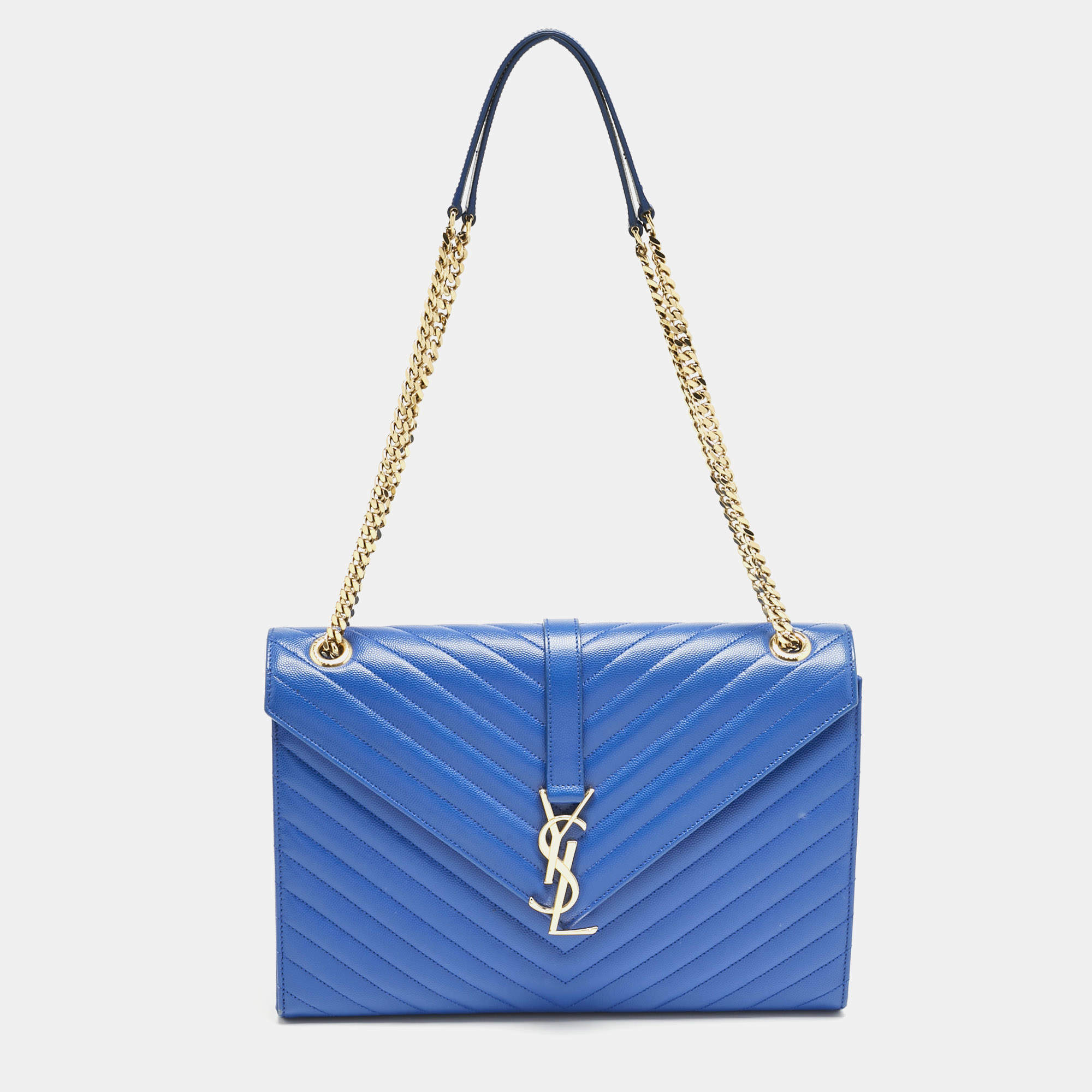 Pre Owned Saint Laurent Blue Chevron Leather Large Monogram Envelope Shoulder Bag