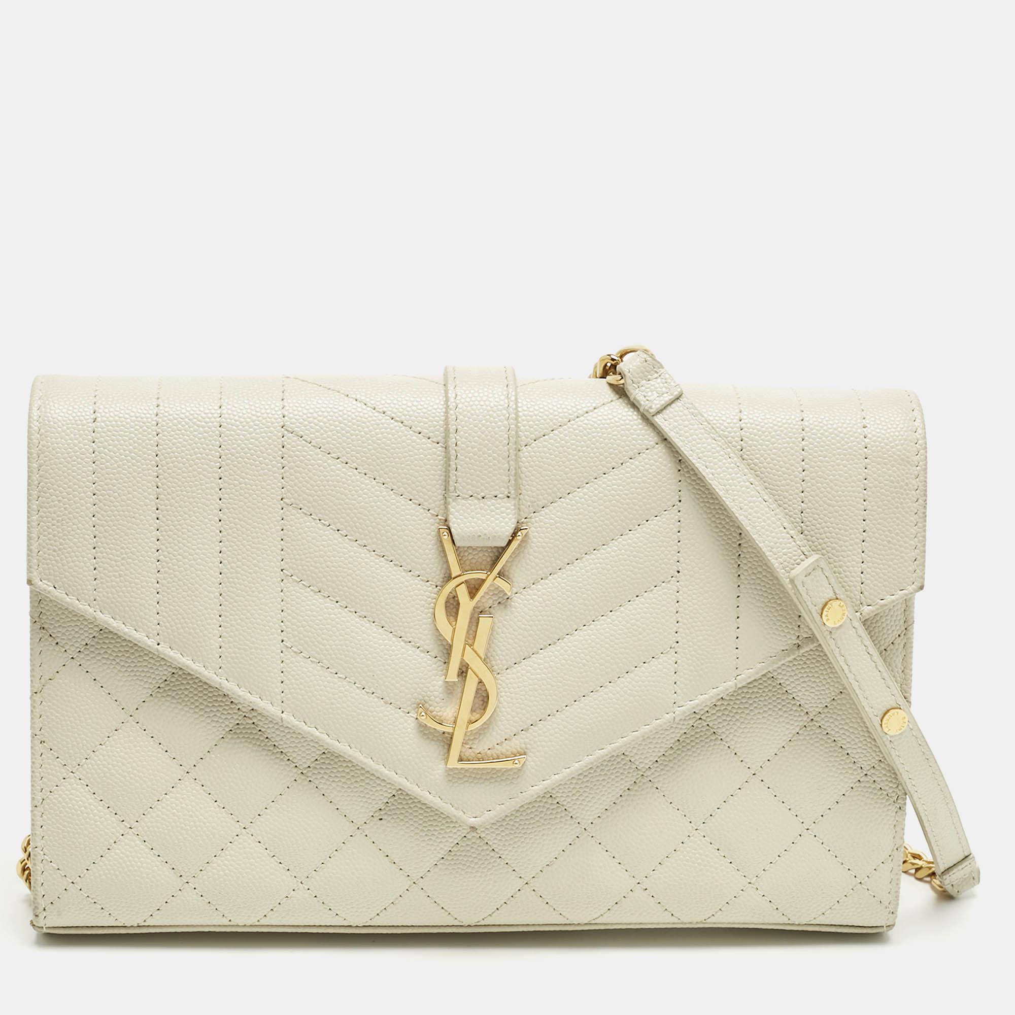 Pre Owned Saint Laurent White Mixed Quilted Leather Envelope Monogram Chain Bag