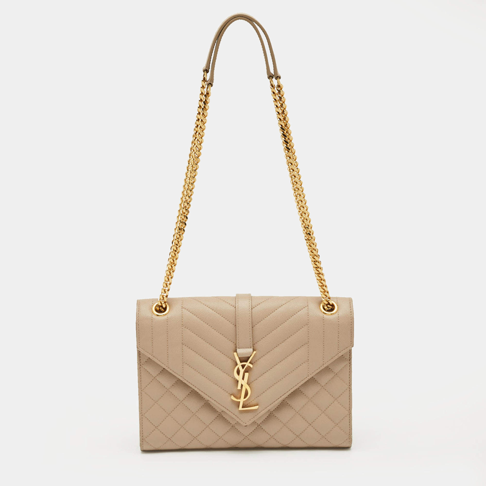 Pre Owned Saint Laurent Beige Mix Matelassé Leather Medium Envelope Chain Bag