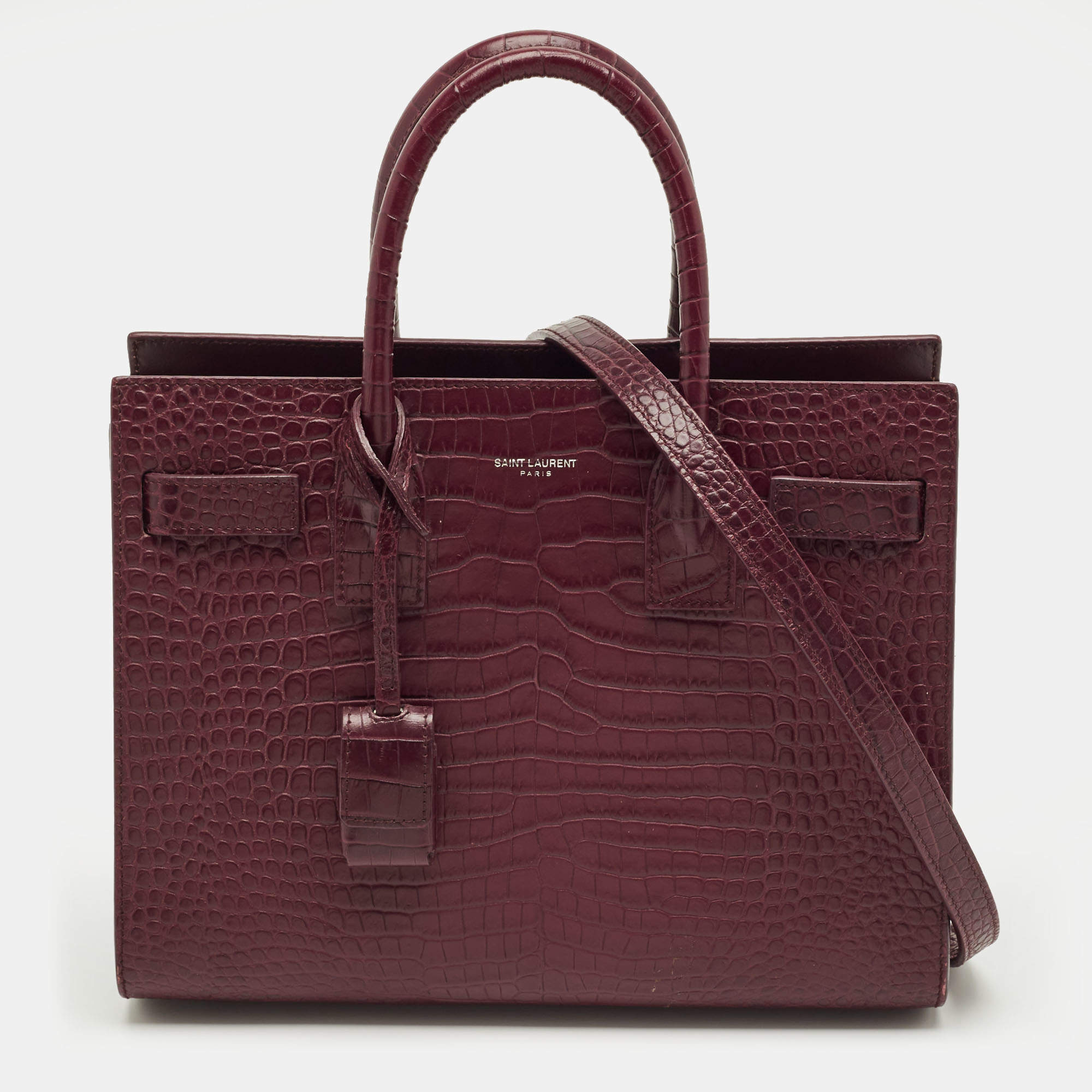 Pre Owned Saint Laurent Red Croc Embossed Leather Baby Classic Sac De Jour Tote
