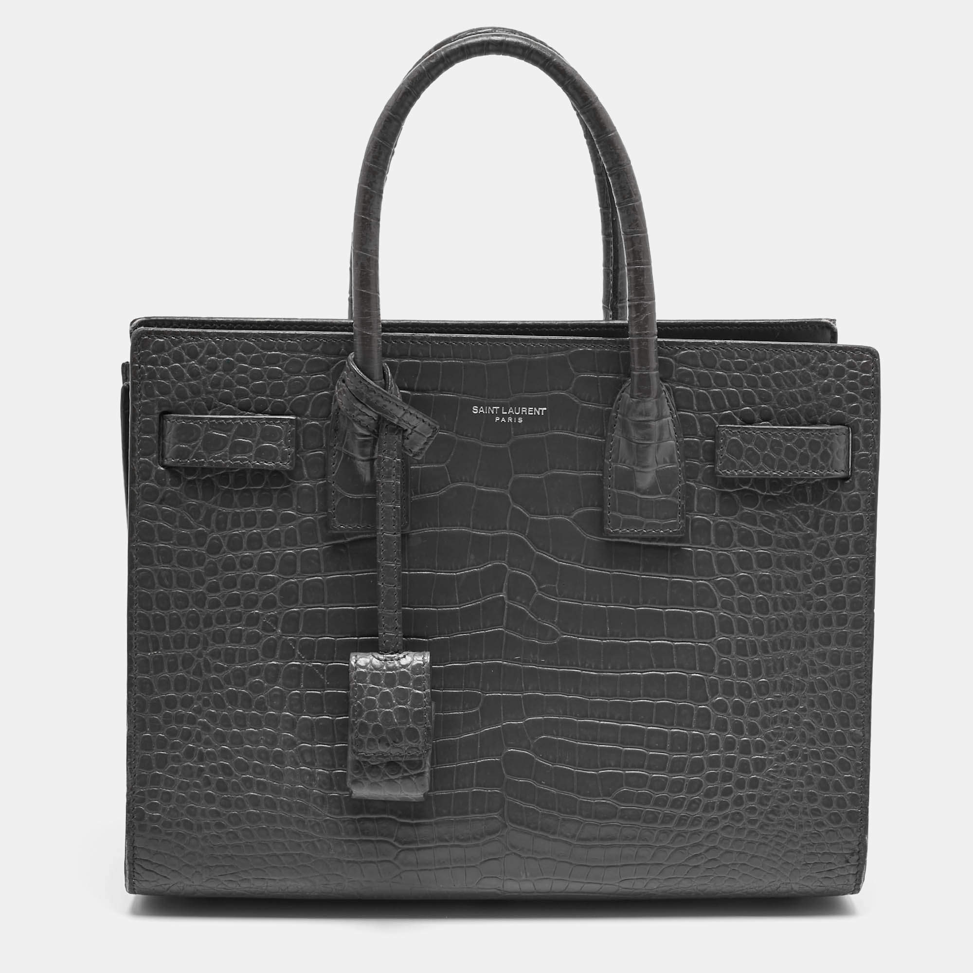 Pre Owned Saint Laurent Grey Croc Embossed Leather Baby Classic Sac De Jour Tote
