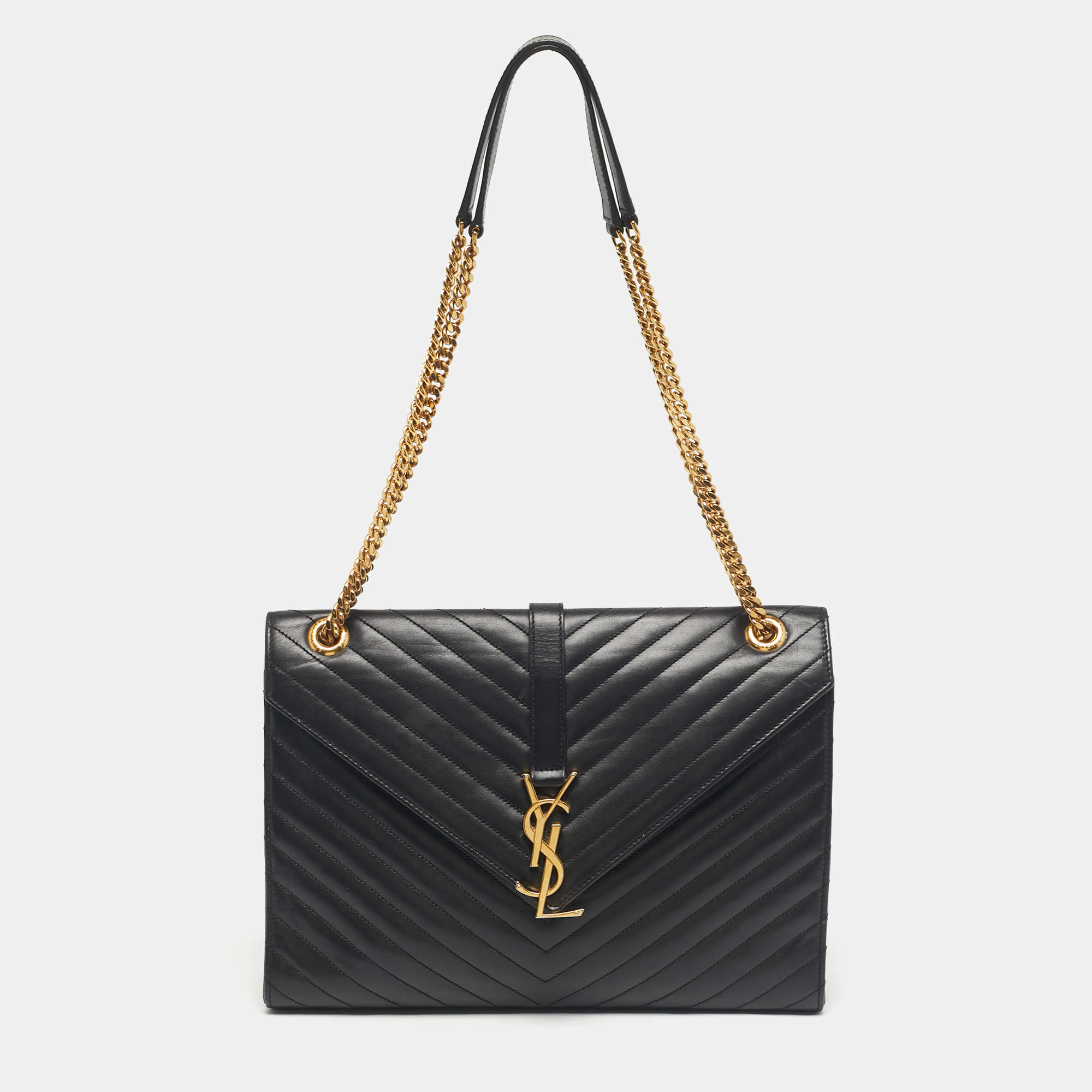 Pre Owned Saint Laurent Black Chevron Leather Large Monogram Envelope Shoulder Bag
