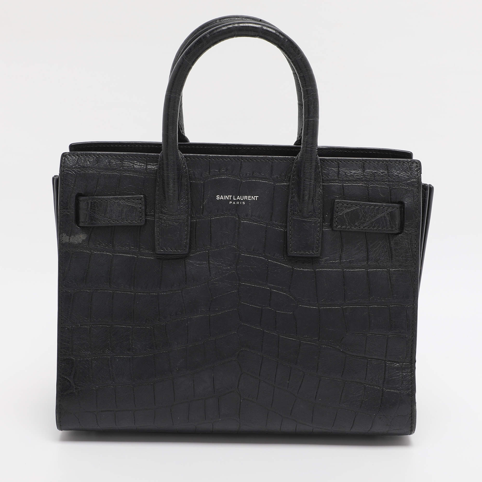 Pre Owned Saint Laurent Black Croc Embossed Leather Nano Classic Sac De Jour Tote
