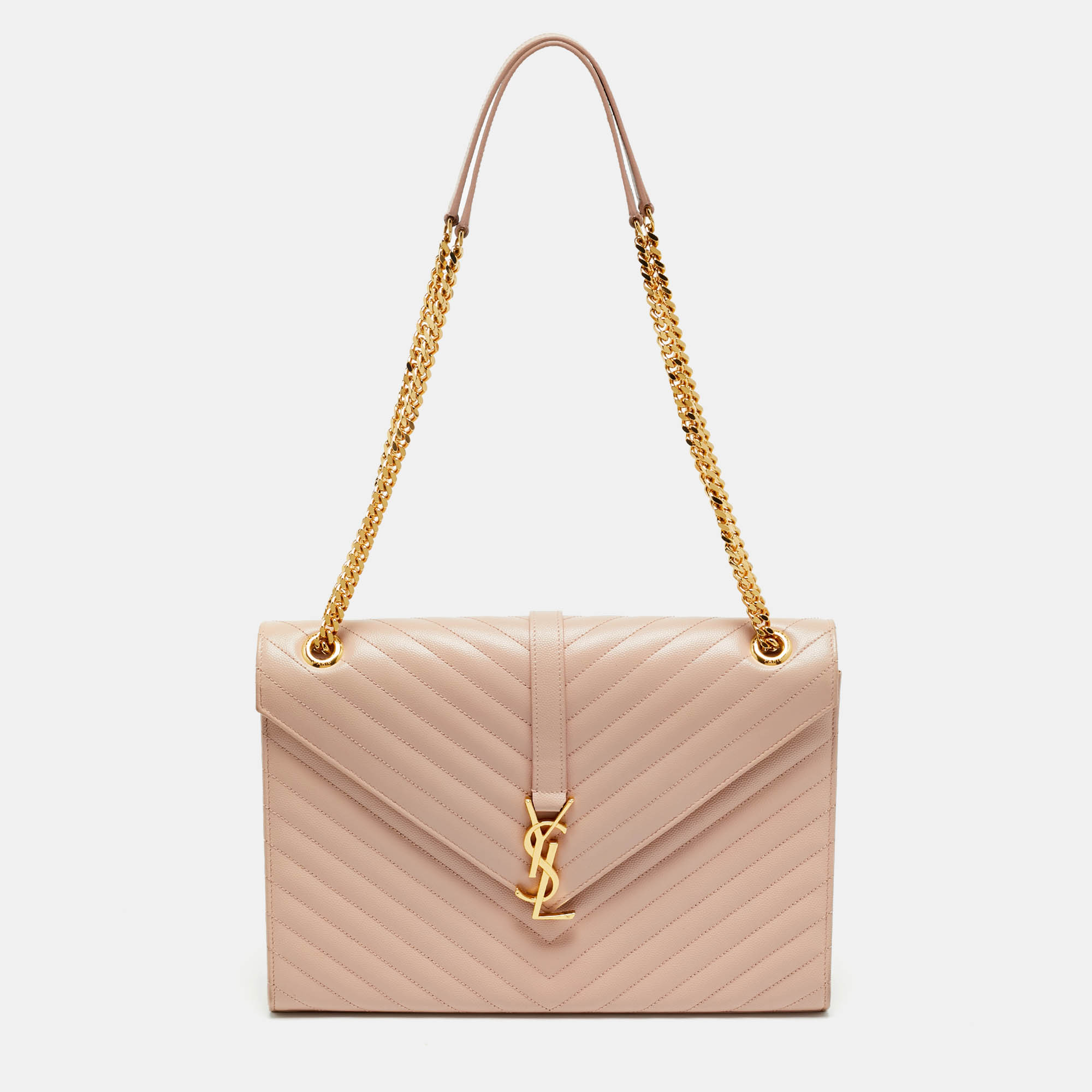 Pre Owned Saint Laurent Pink Chevron Leather Large Monogram Envelope Shoulder Bag