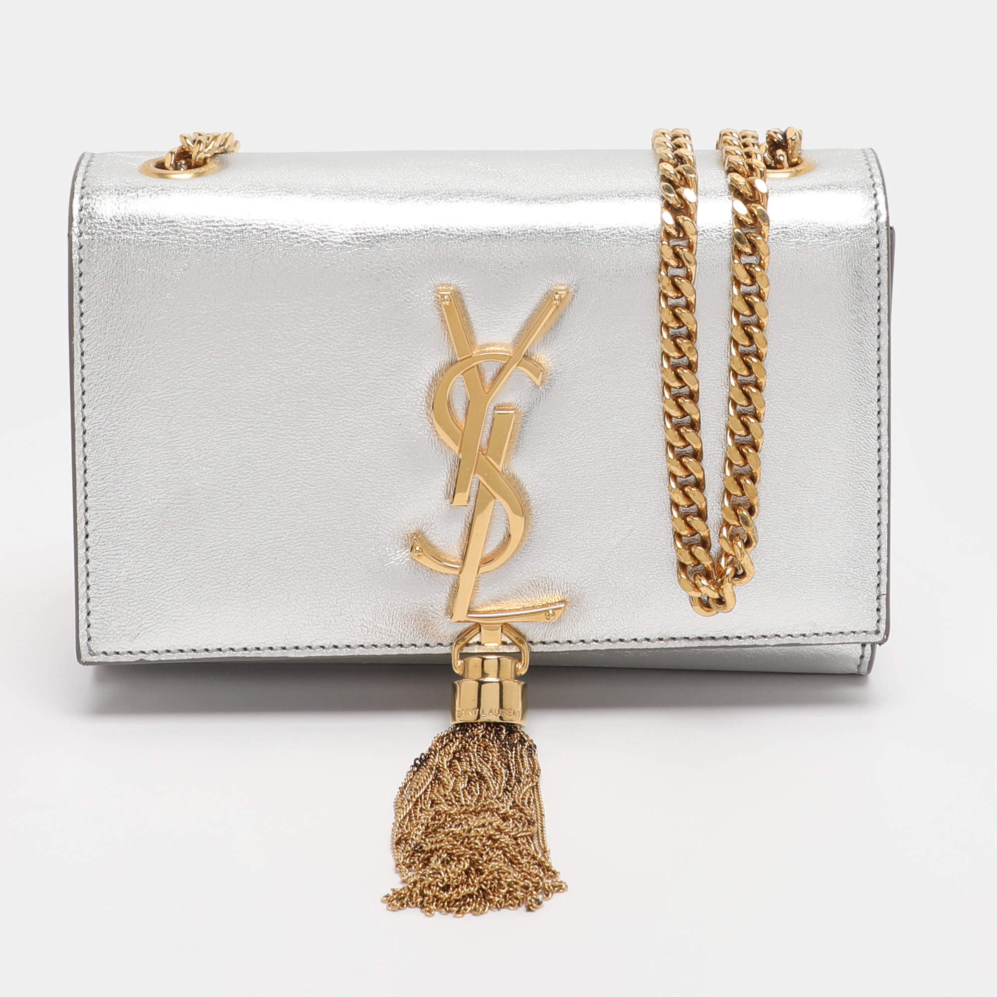Pre Owned Saint Laurent Paris Silver Metallic Leather Small Kate Shoulder Bag